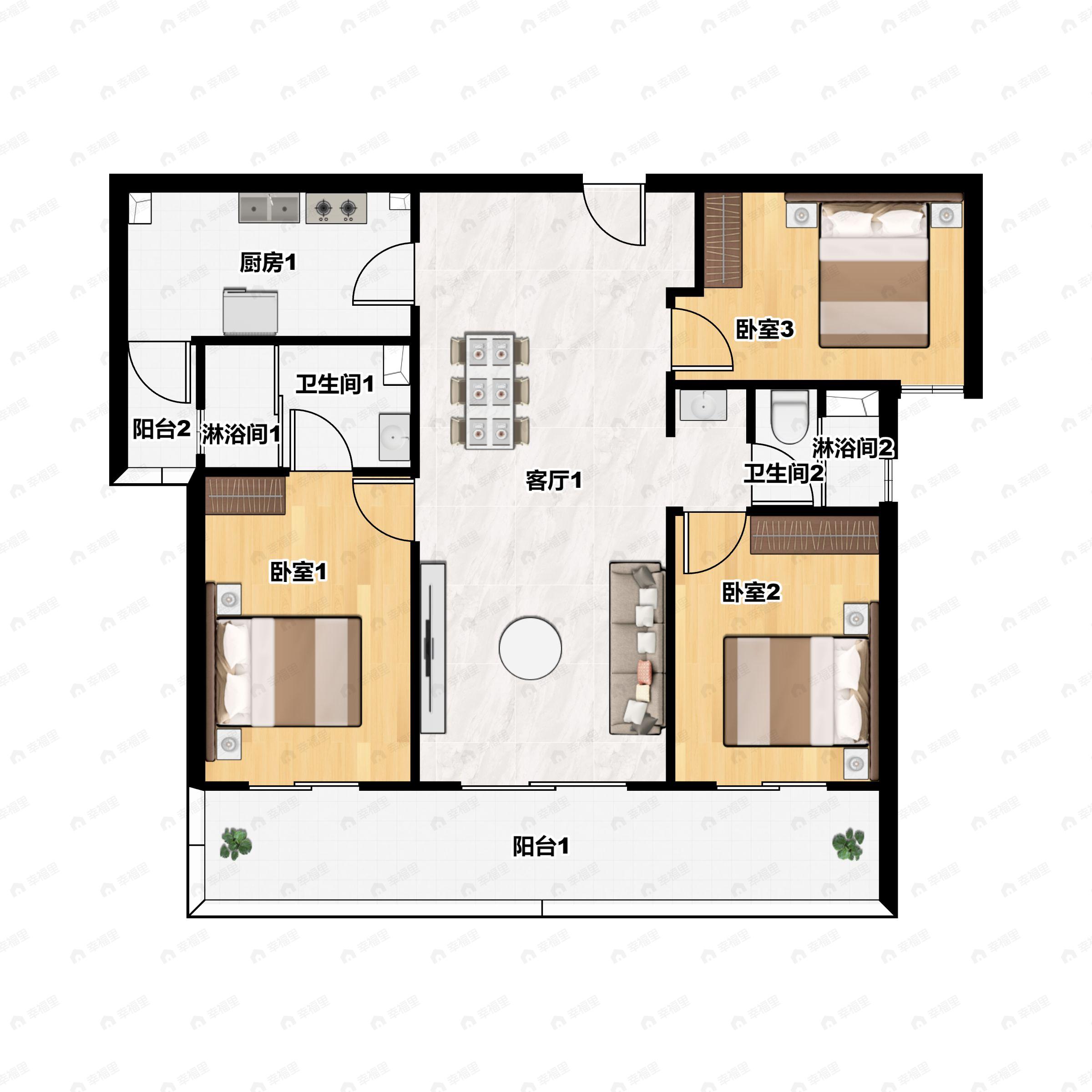 3室2厅2卫建面127平南户型图