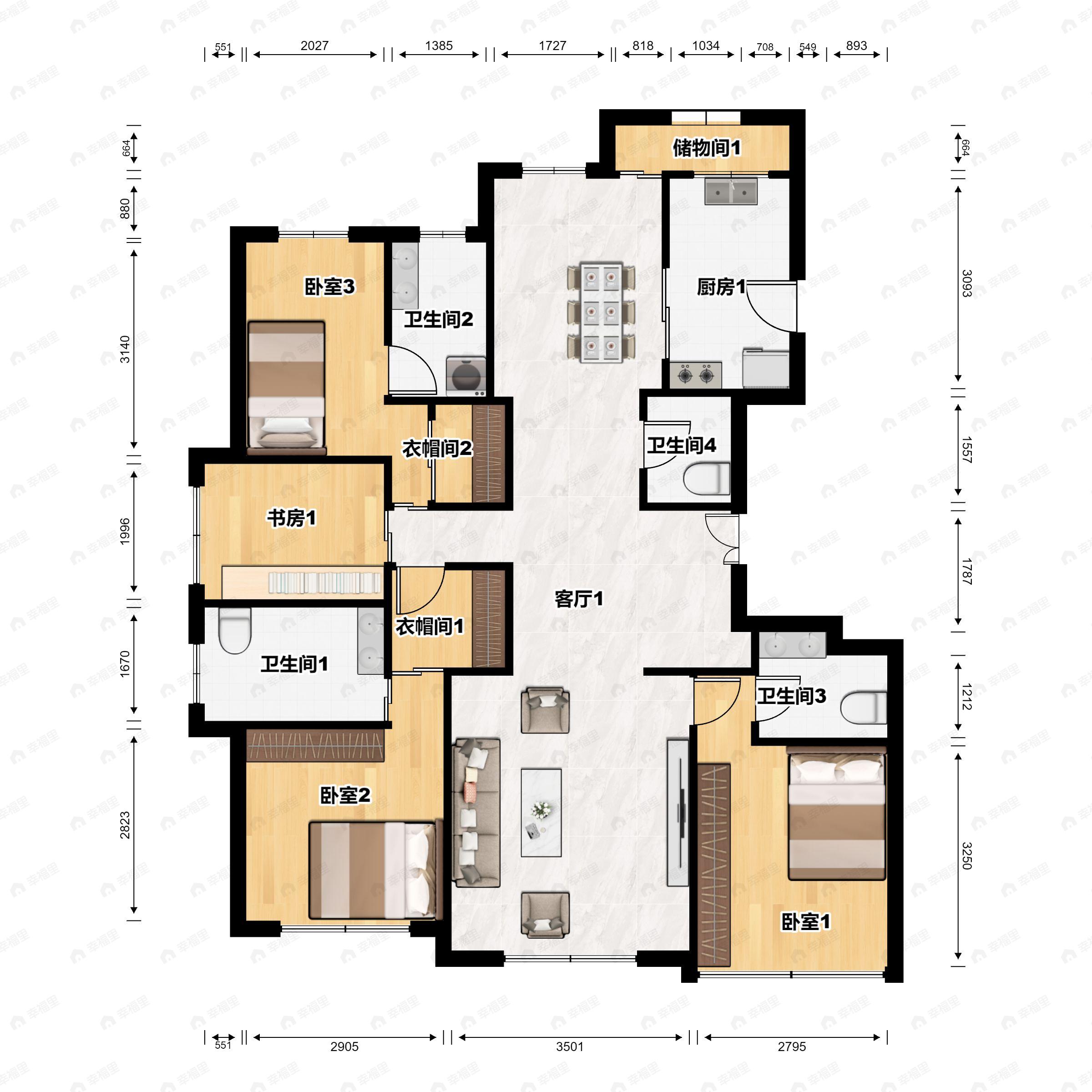 4室3厅4卫建面317平南户型图