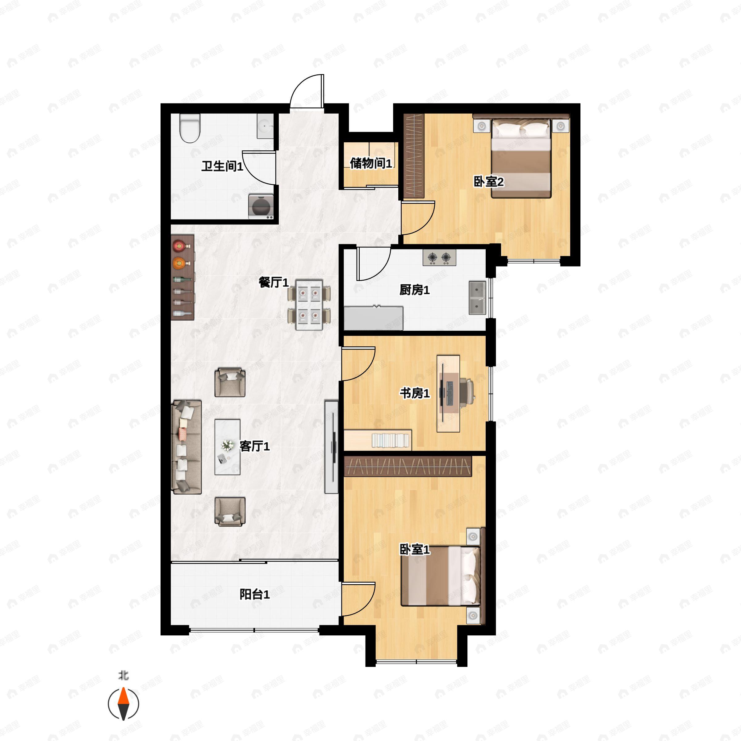 2室2厅1卫建面94m²南户型图