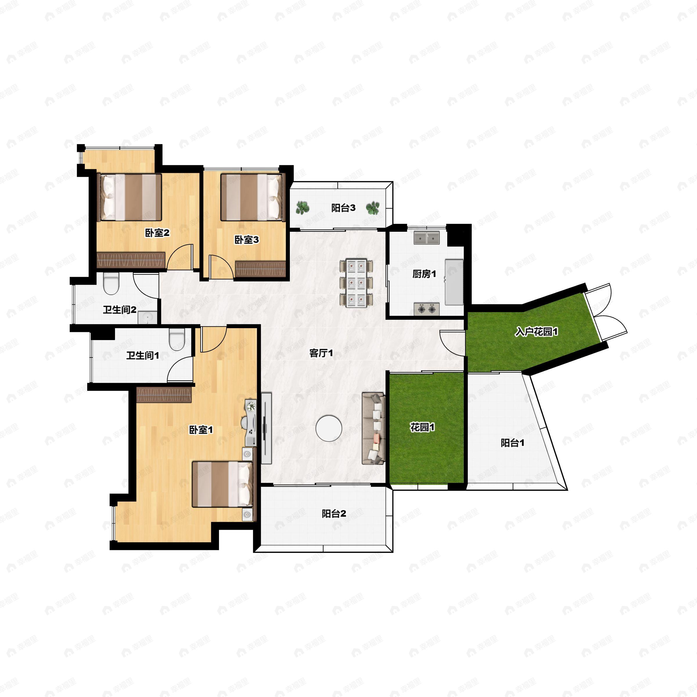 3室2厅2卫建面124m²南户型图