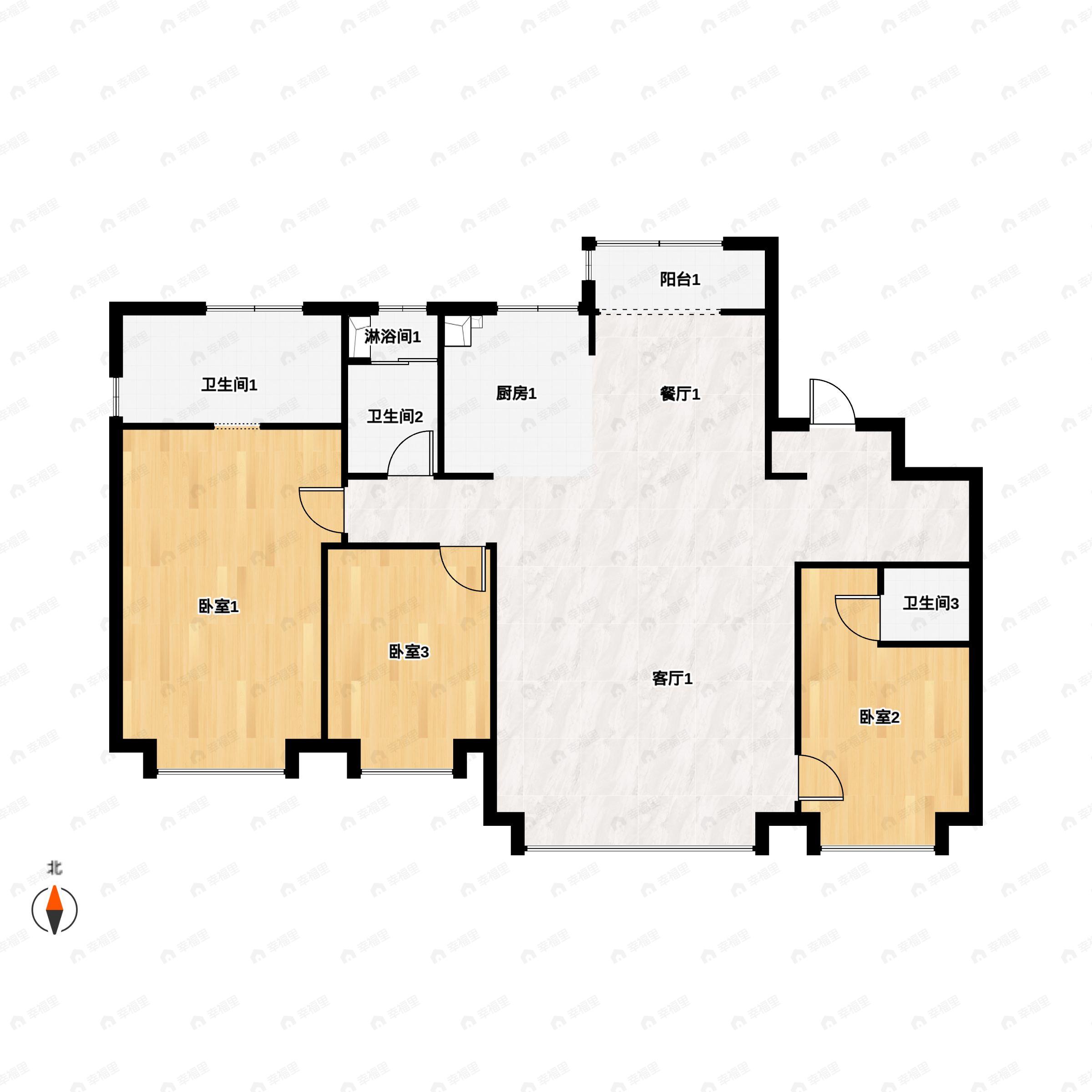 3室2厅3卫建面168平南|北户型图