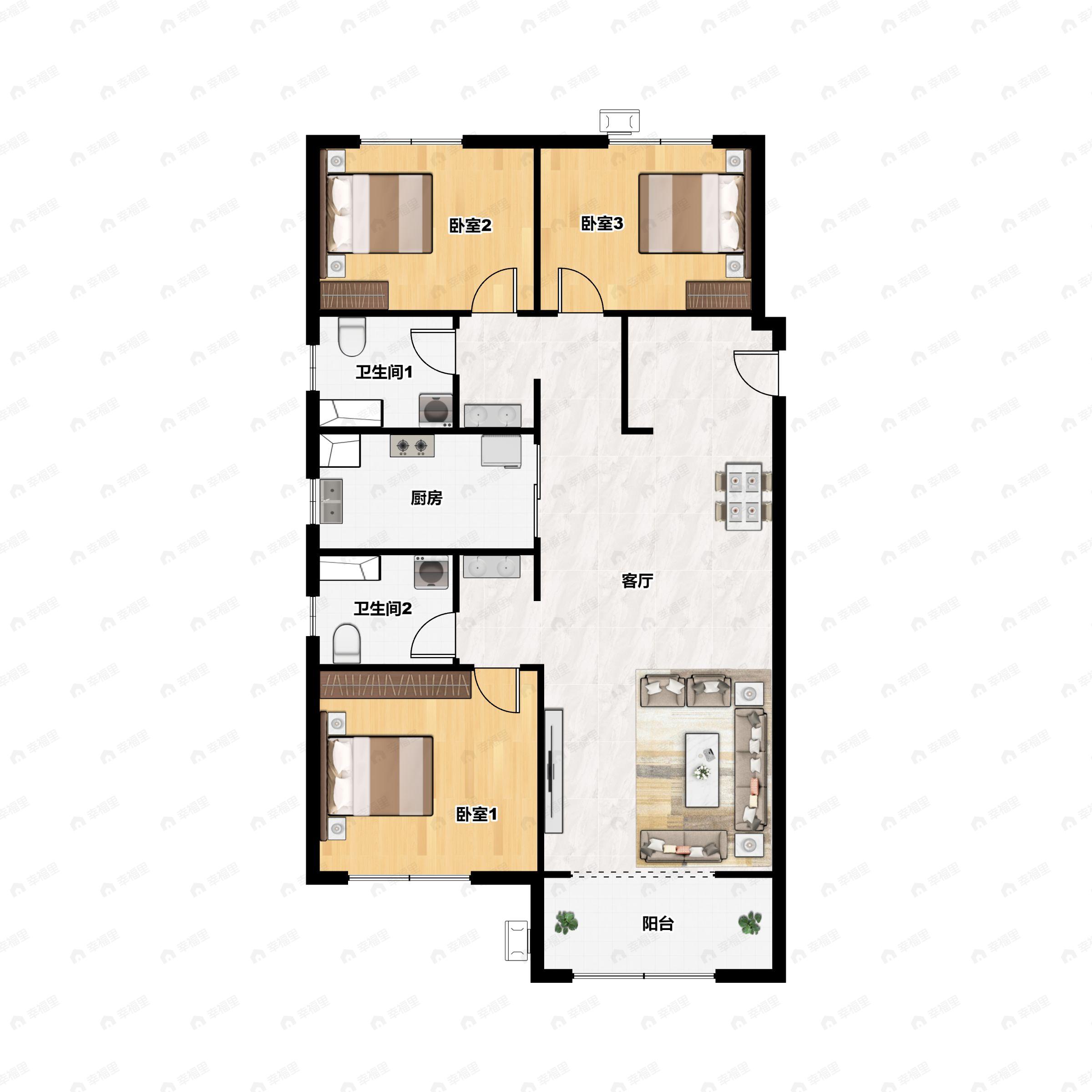 3室2厅2卫建面104平北|南户型图