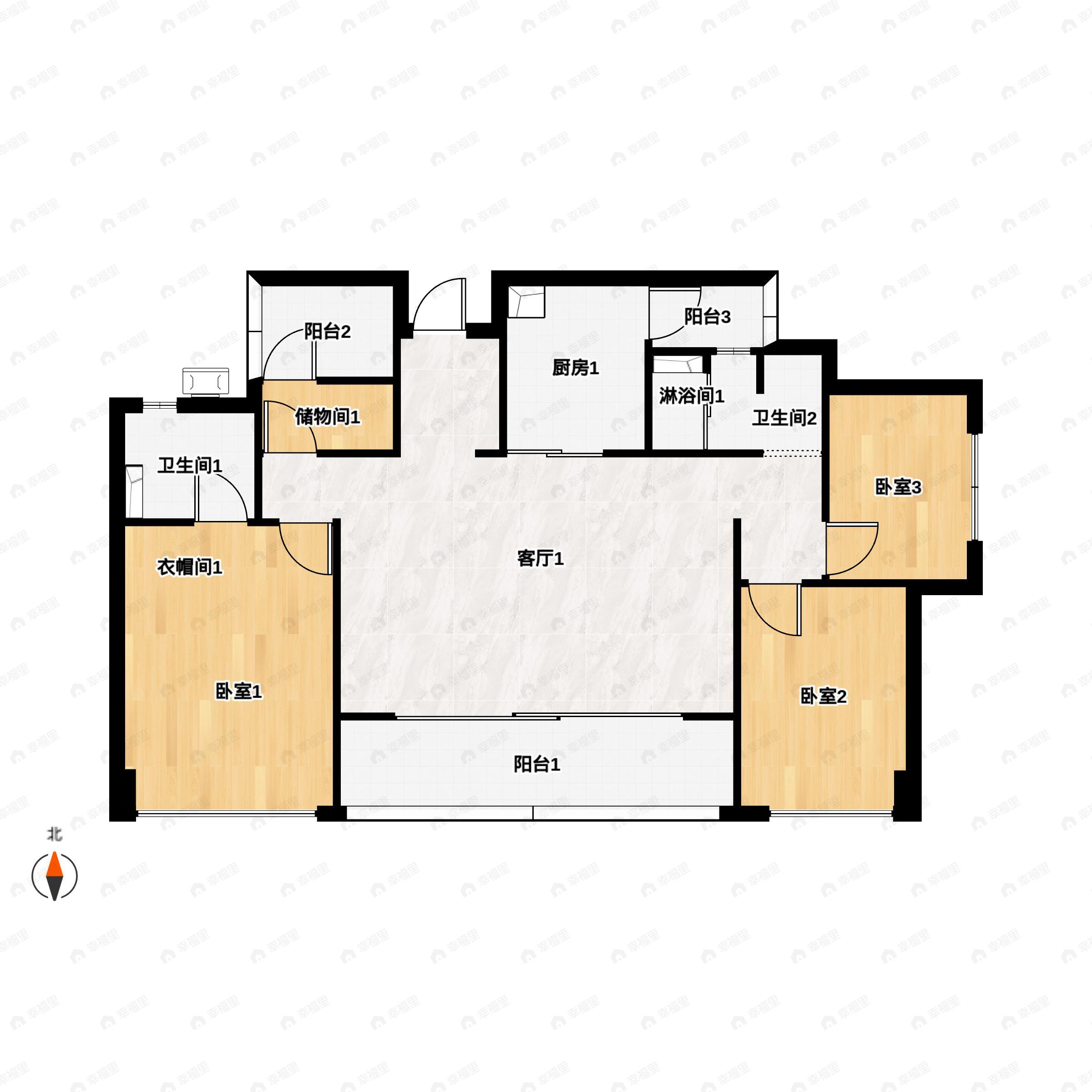 3室2厅2卫建面126平南户型图