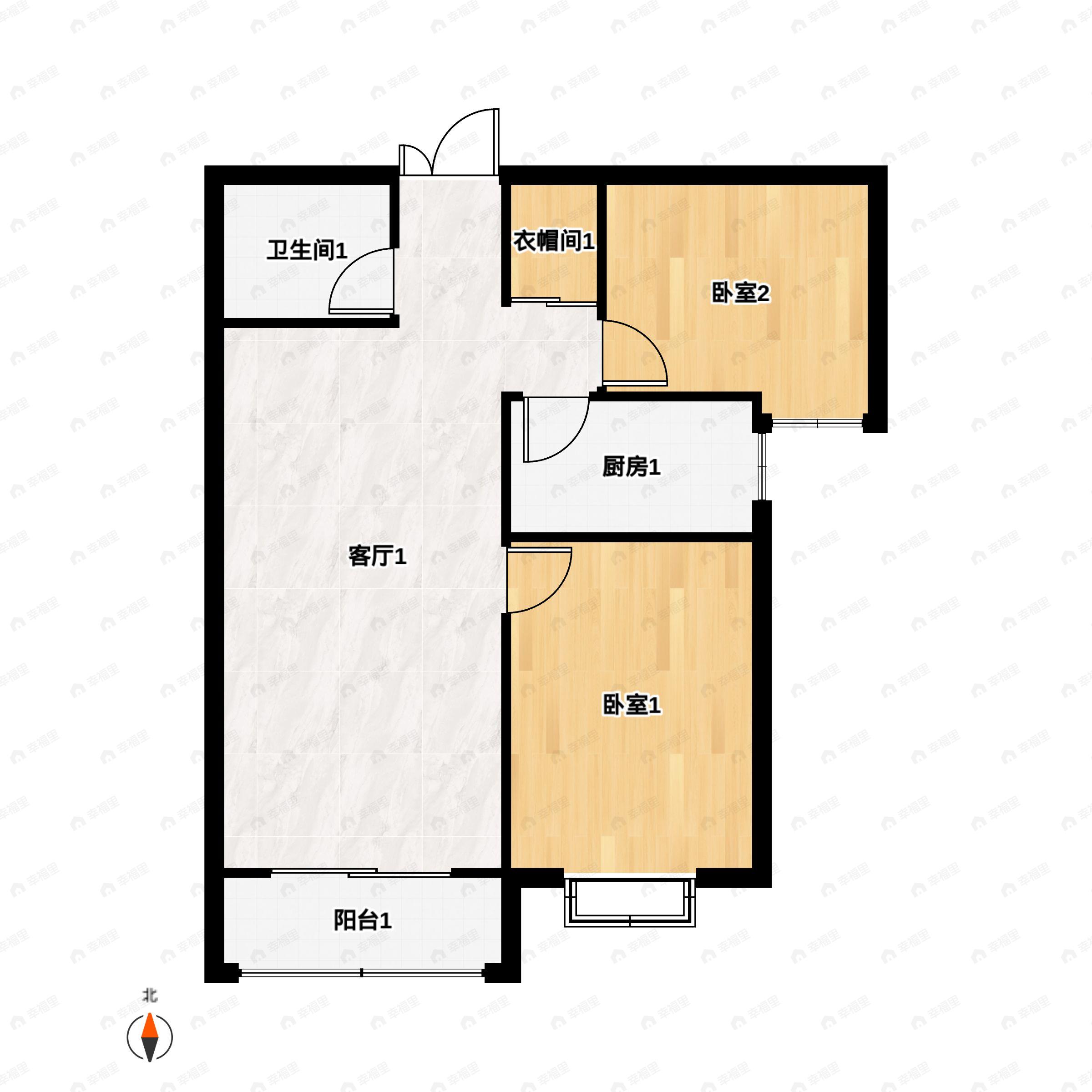 2室2厅1卫建面96m²南户型图