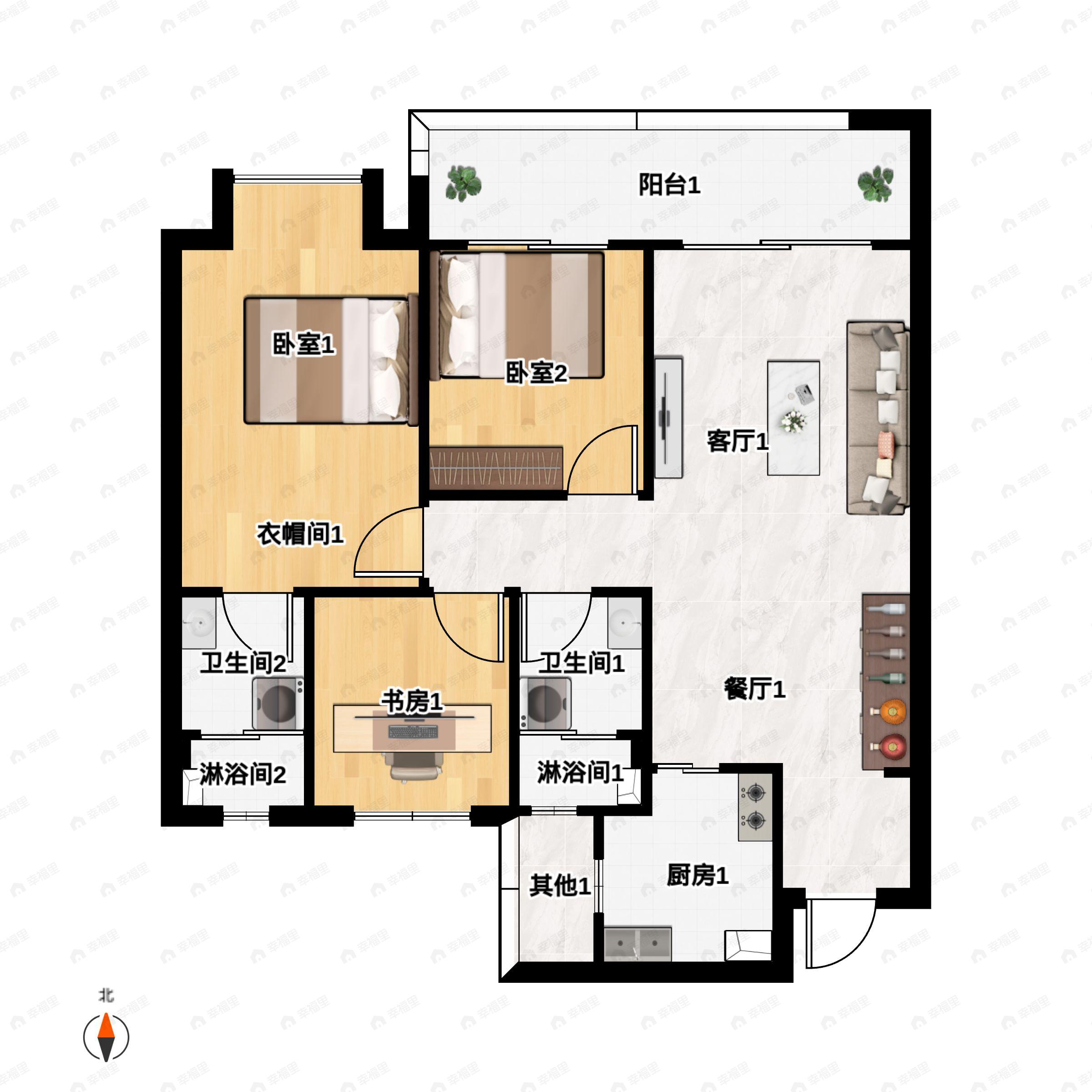 3室2厅2卫建面102平南户型图