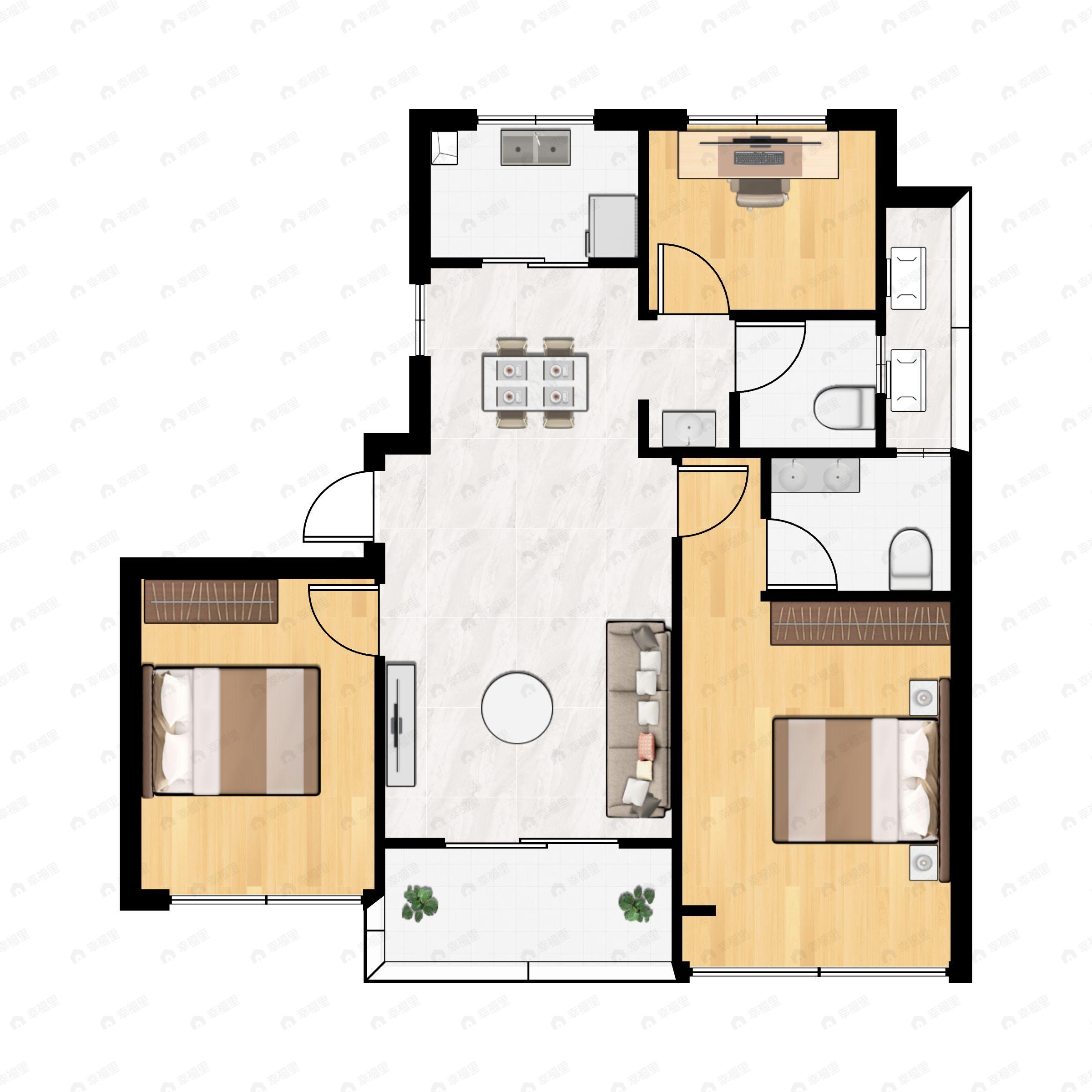3室2厅2卫建面89m²南户型图