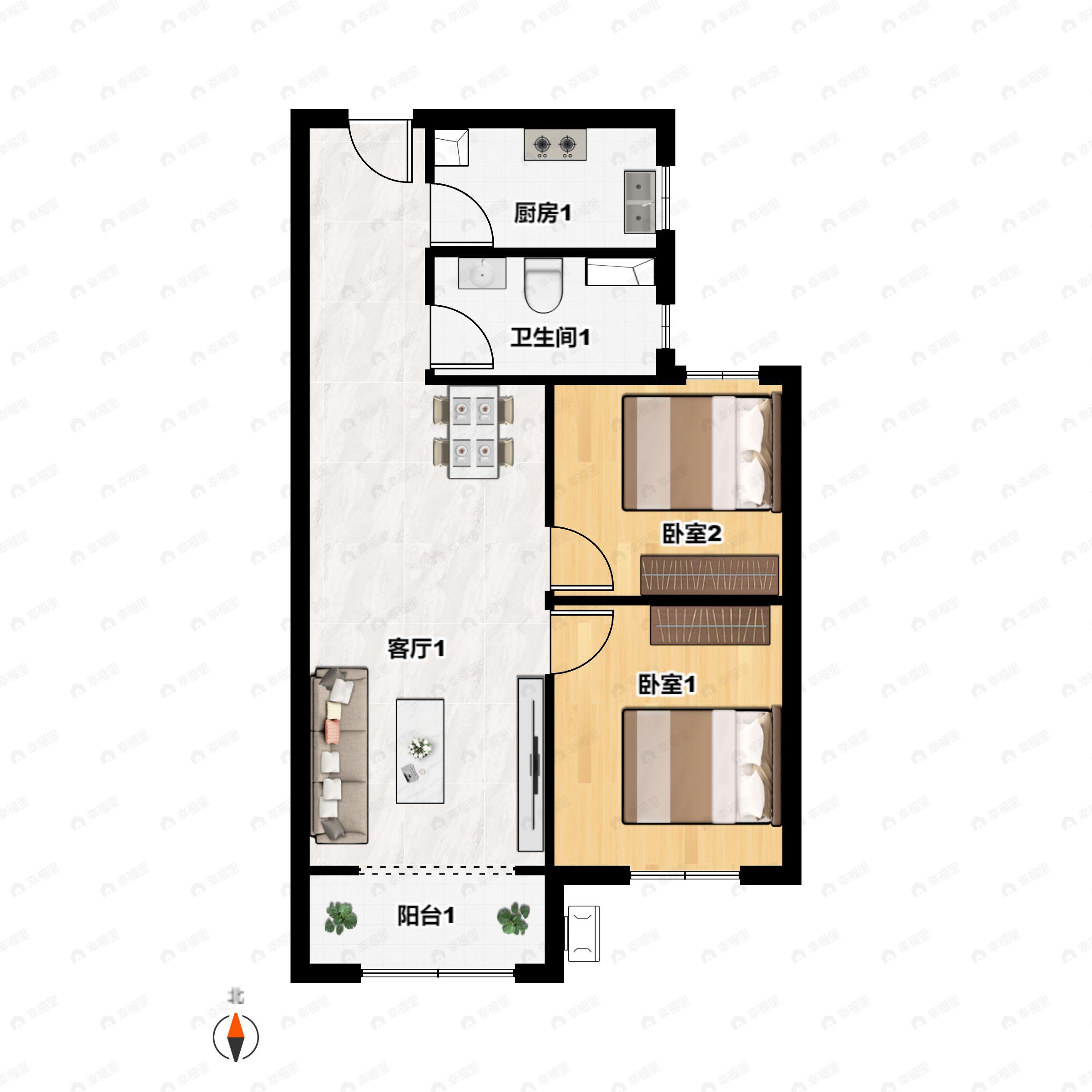 2室2厅1卫建面88平南|北户型图