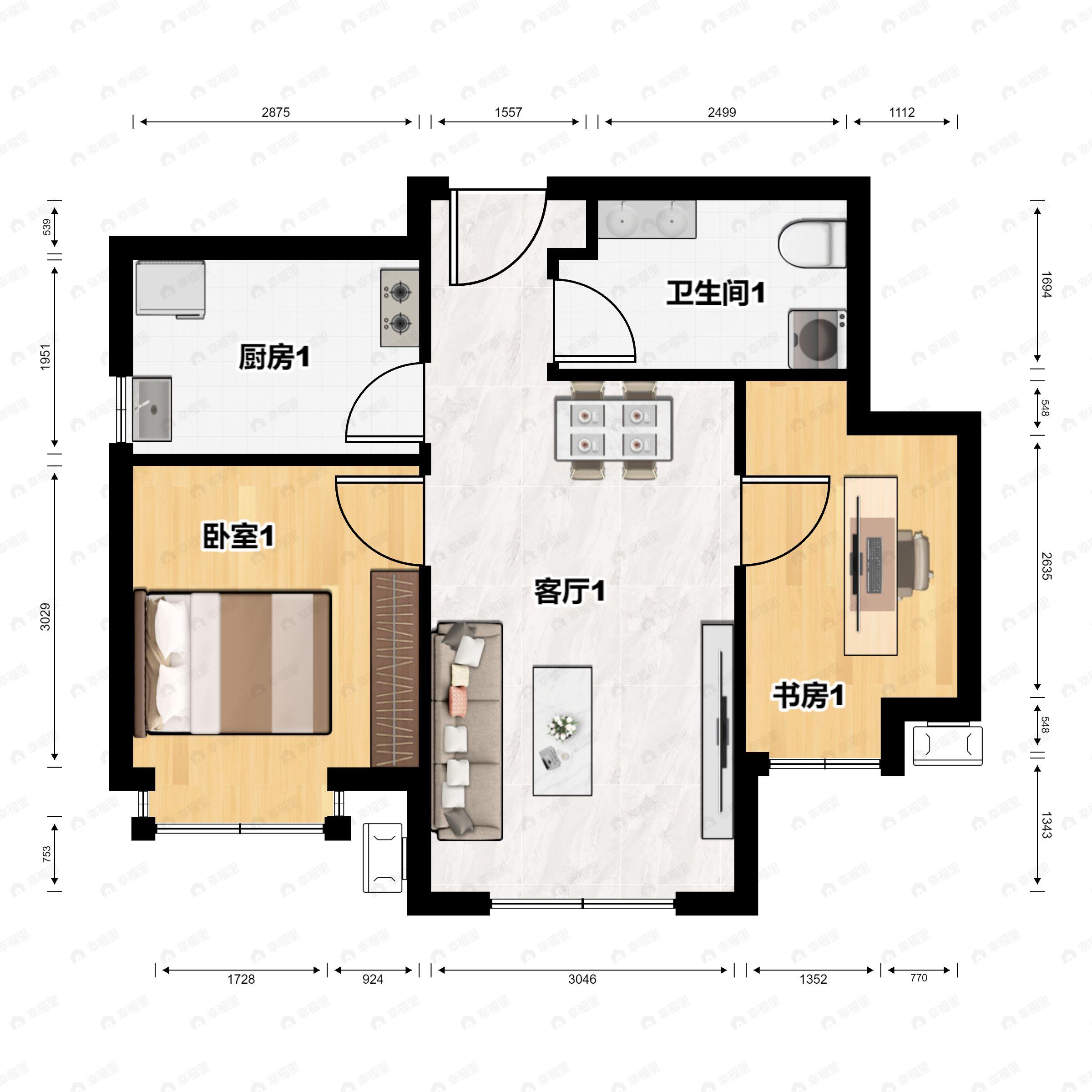 2室2厅1卫建面60平南户型图
