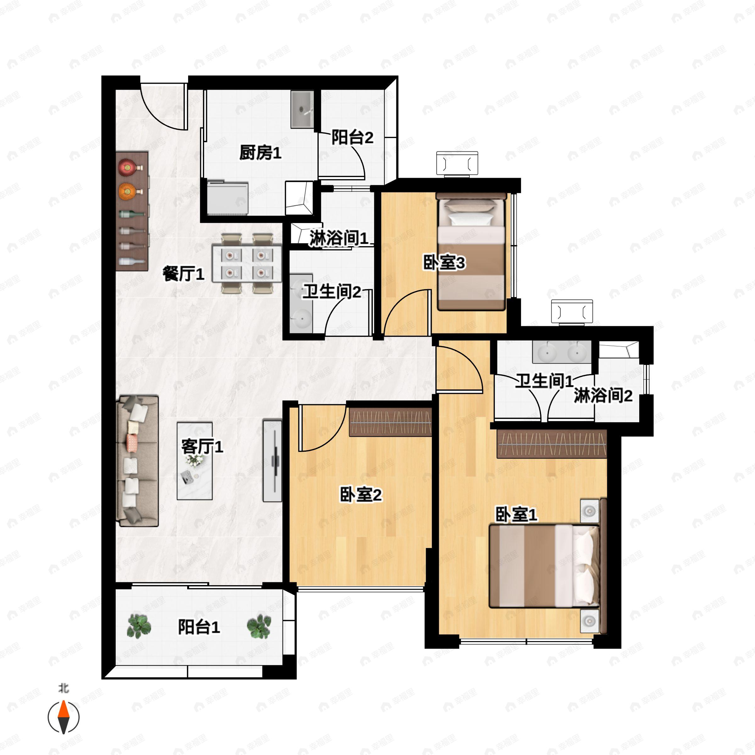 3室2厅2卫建面100平南户型图