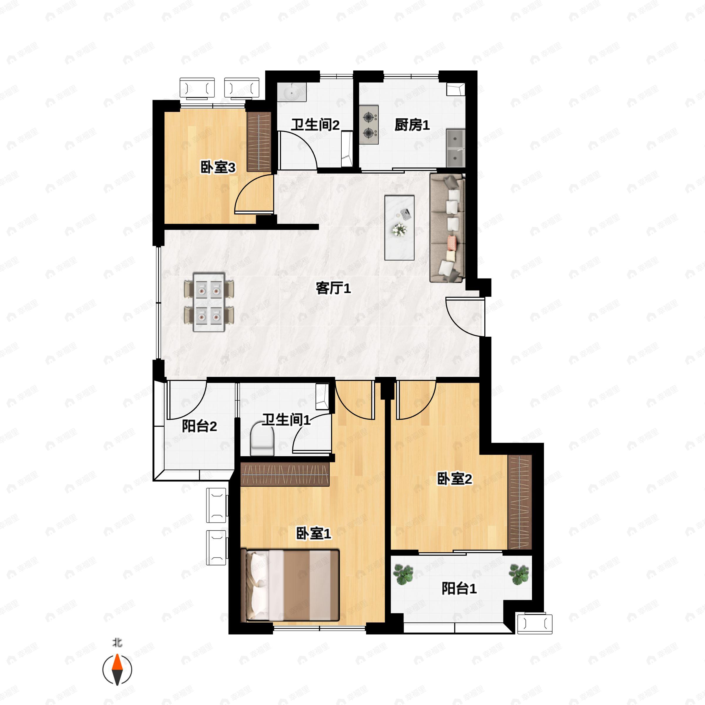 3室2厅2卫建面89m²南户型图