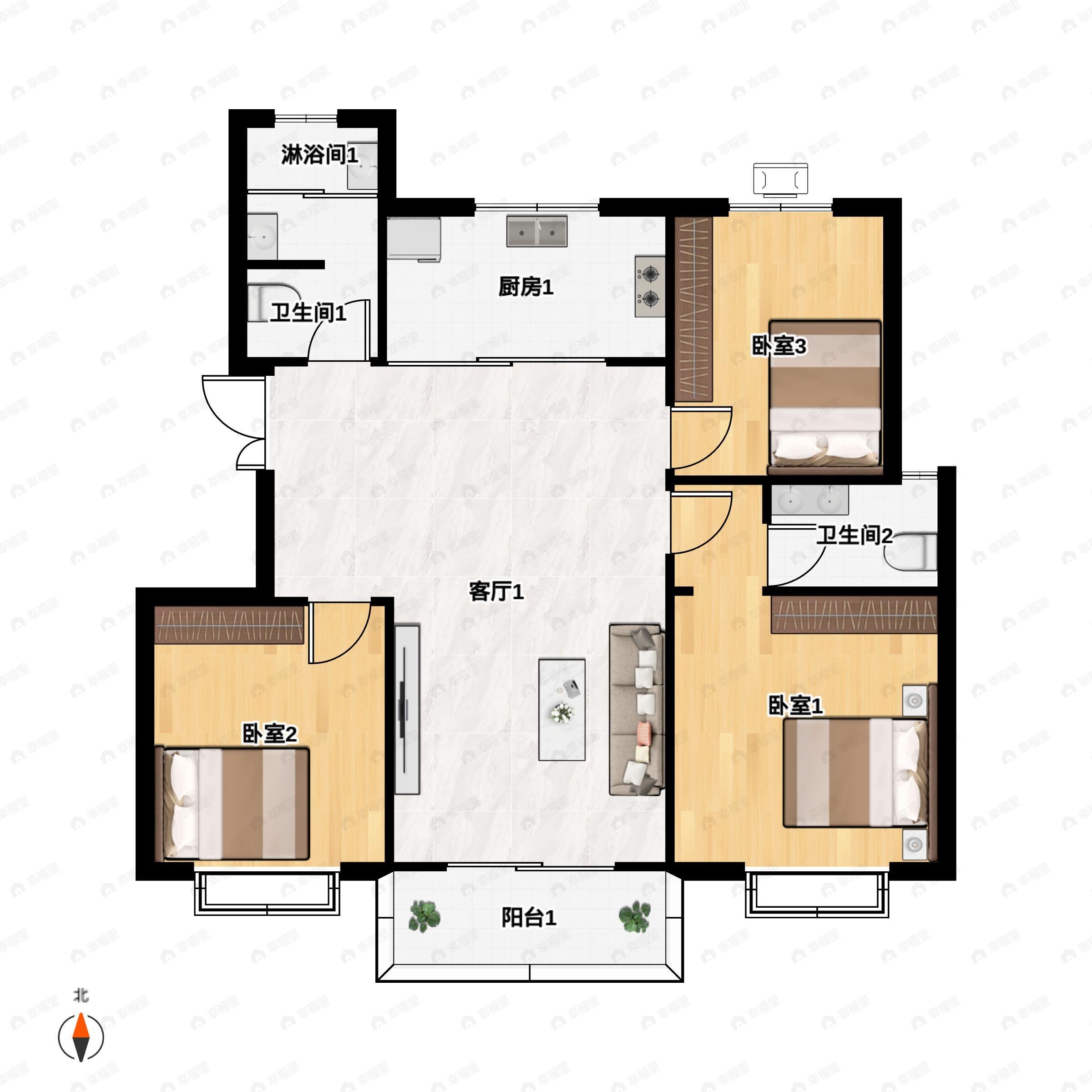 3室2厅2卫建面127平户型图