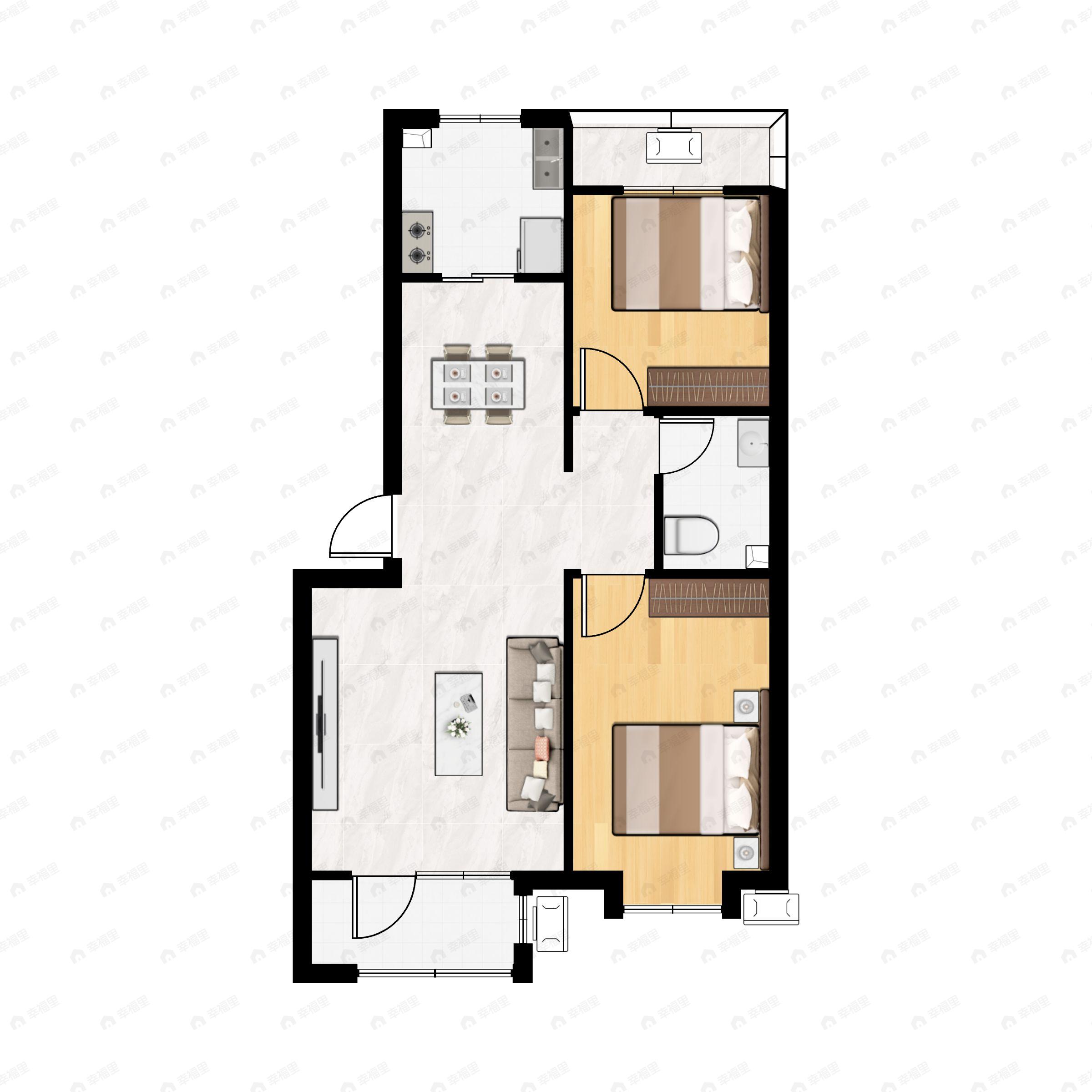 2室2厅1卫建面114m²南|北户型图