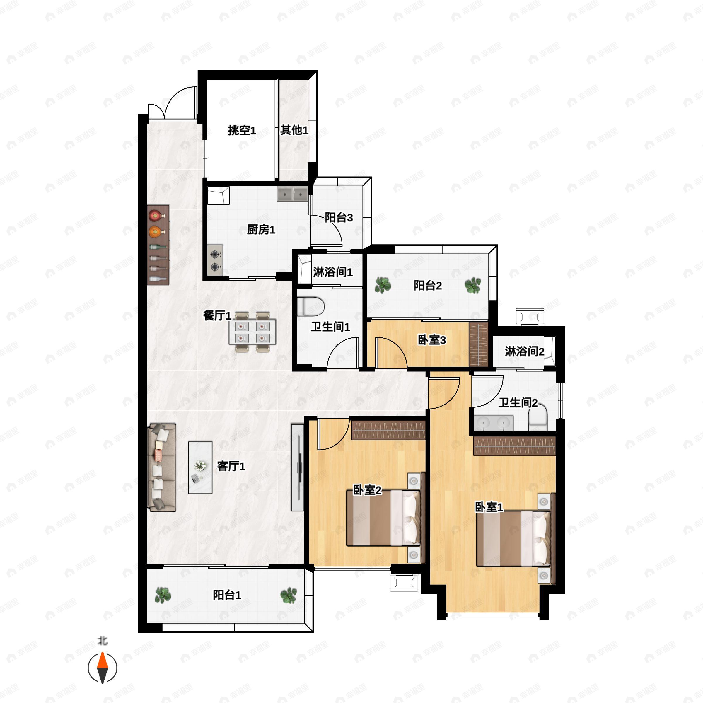 3室2厅2卫建面116平户型图
