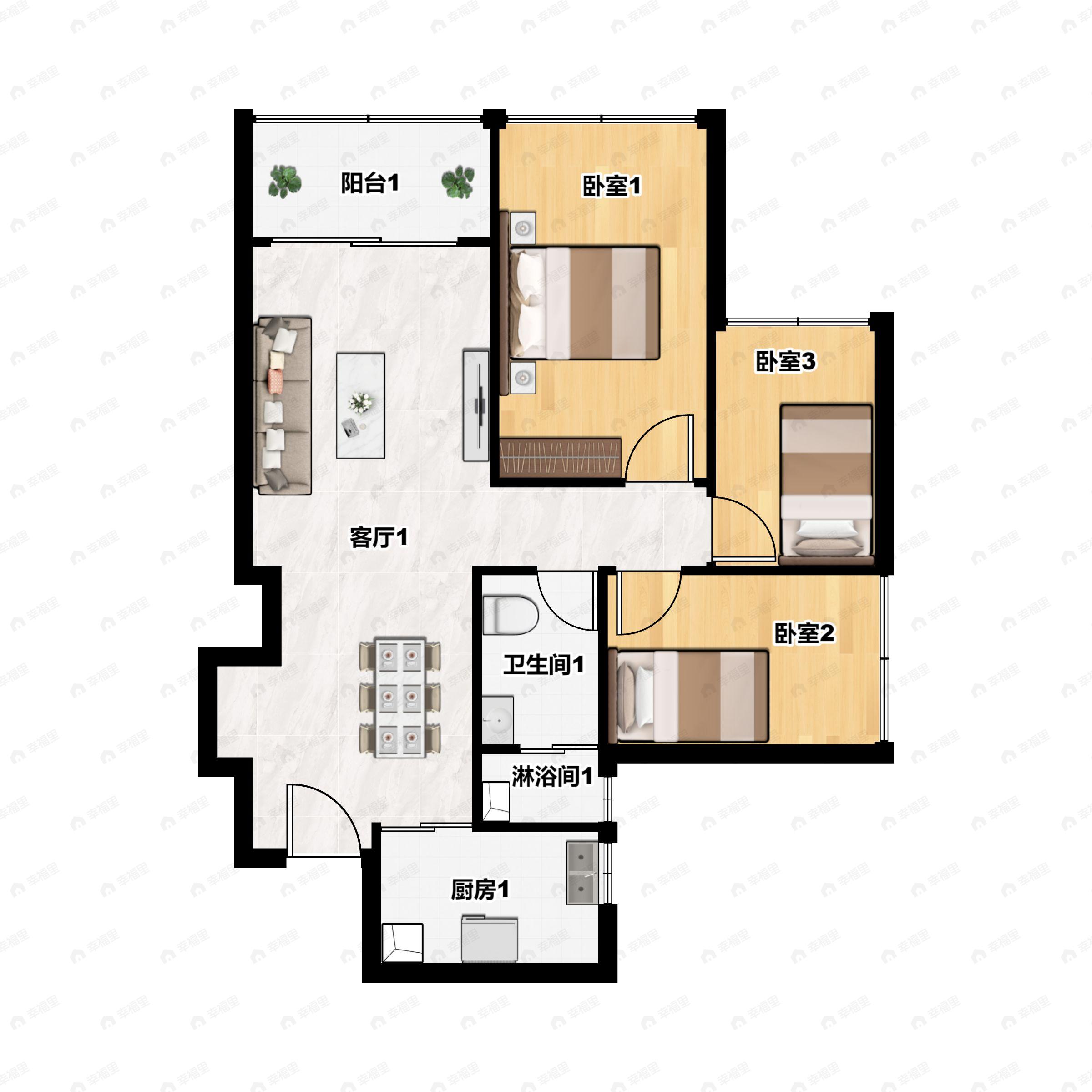3室2厅1卫建面76平户型图