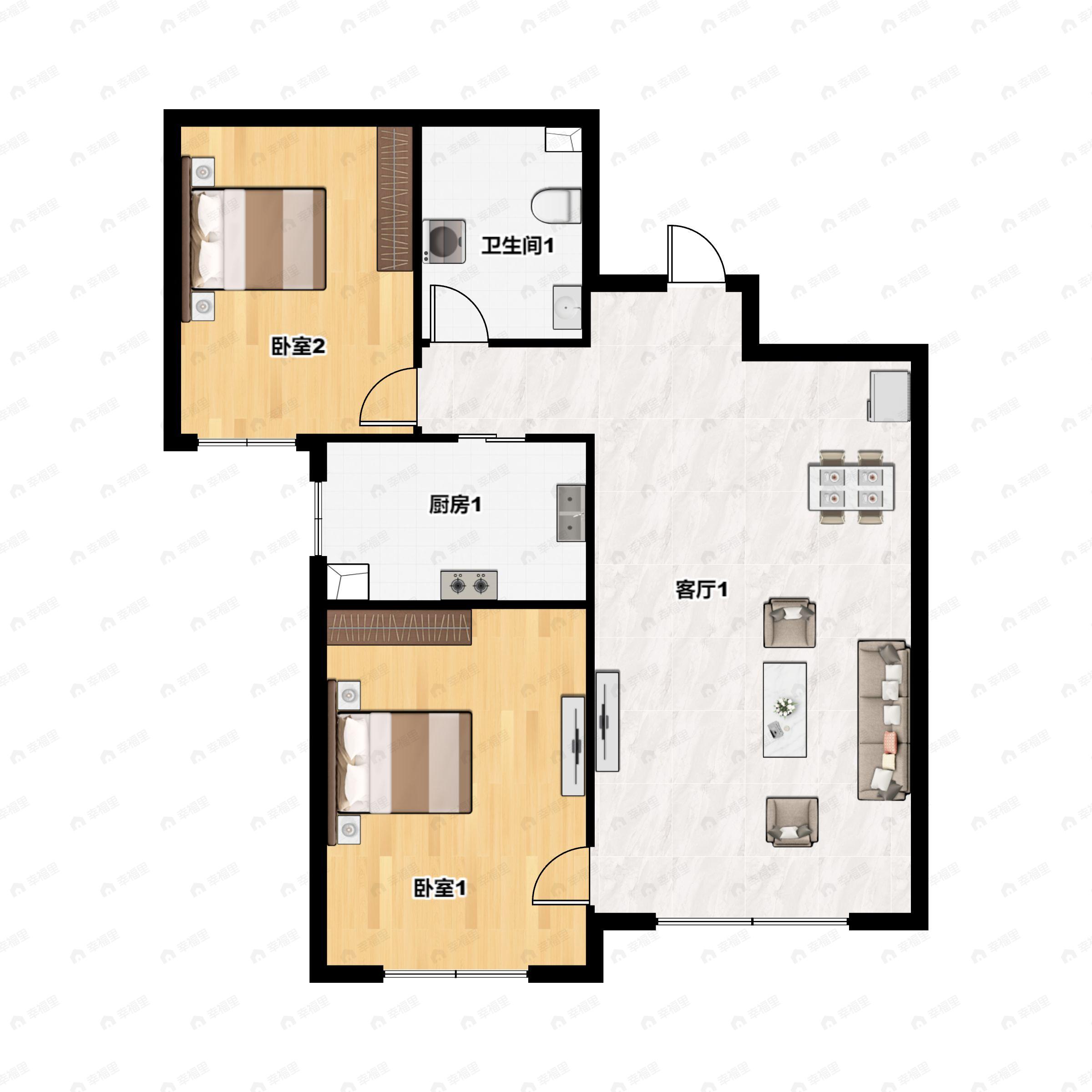 2室2厅1卫建面92m²北|南户型图
