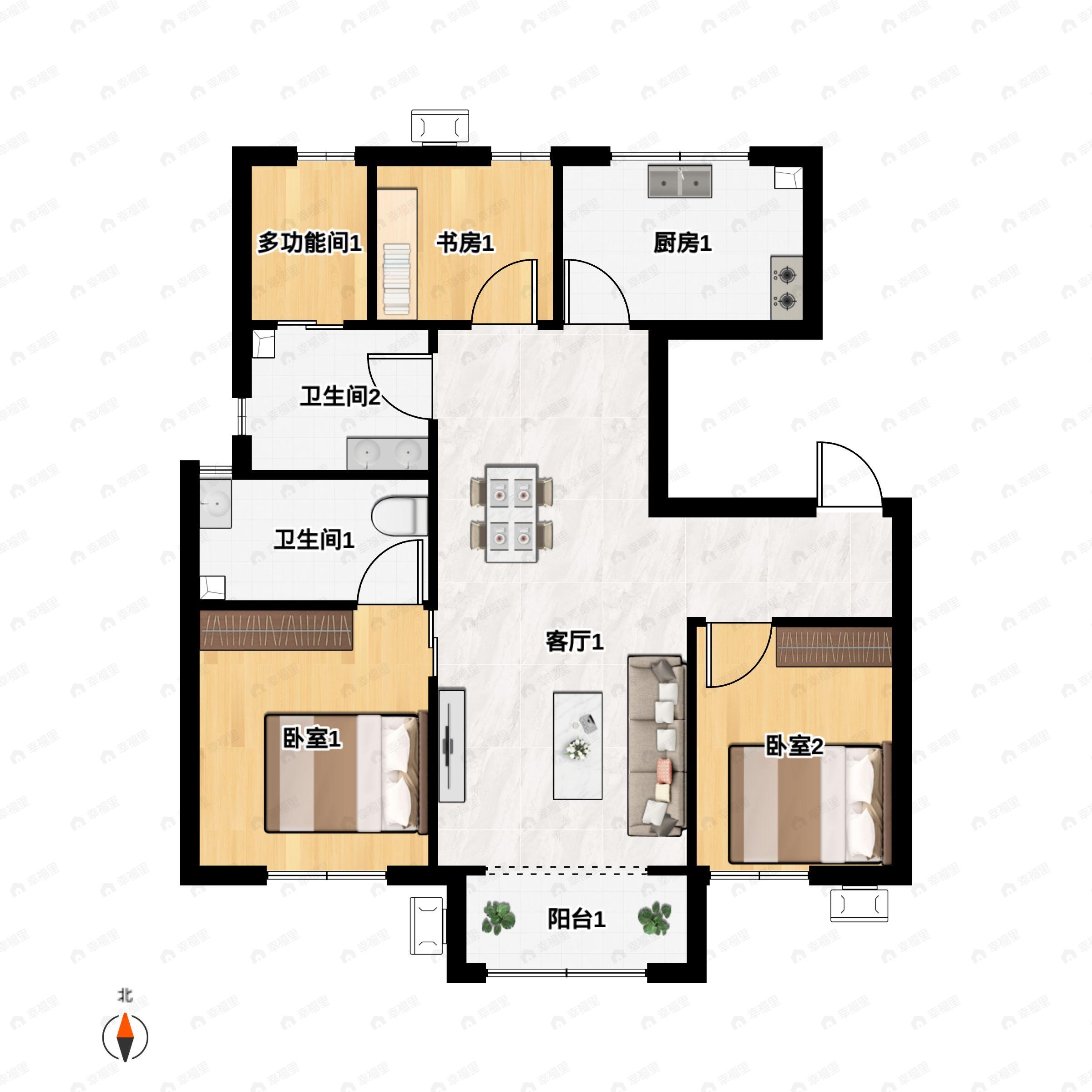 3室2厅2卫建面124平南|北户型图