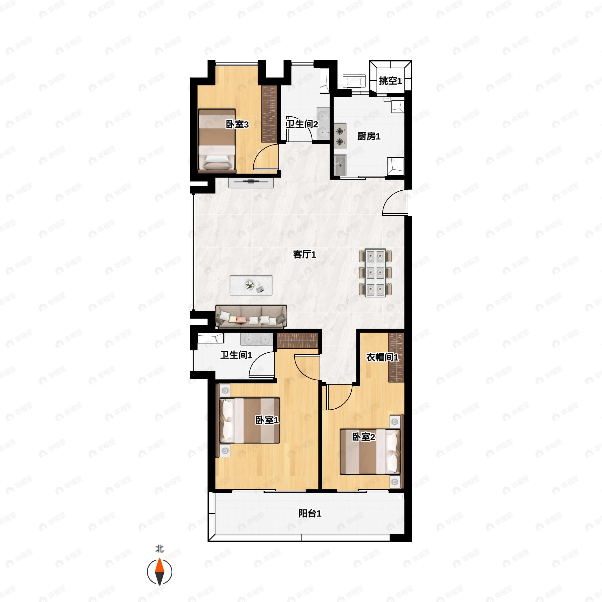 3室2厅2卫建面134m²北|南户型图