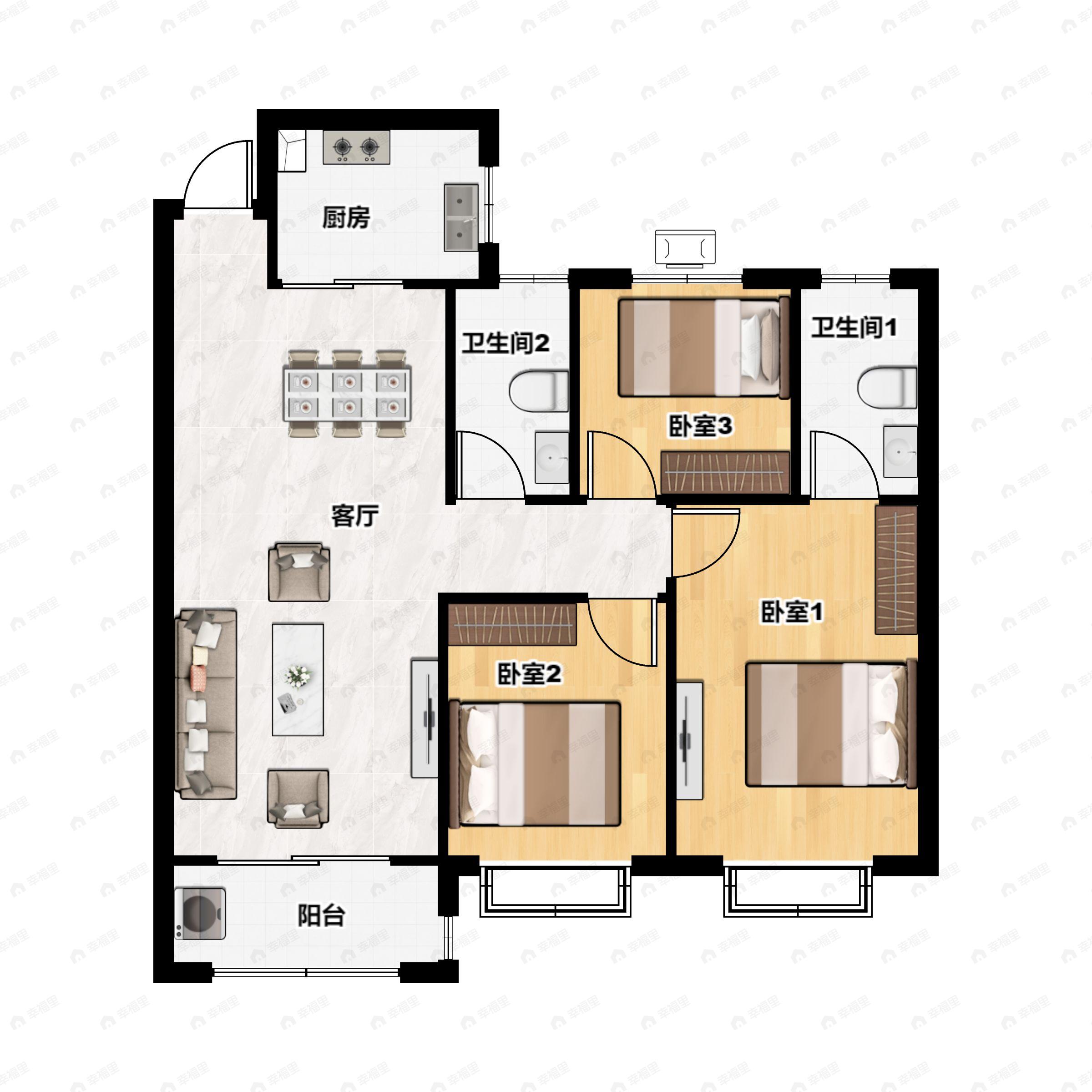 3室2厅2卫建面122m²南户型图