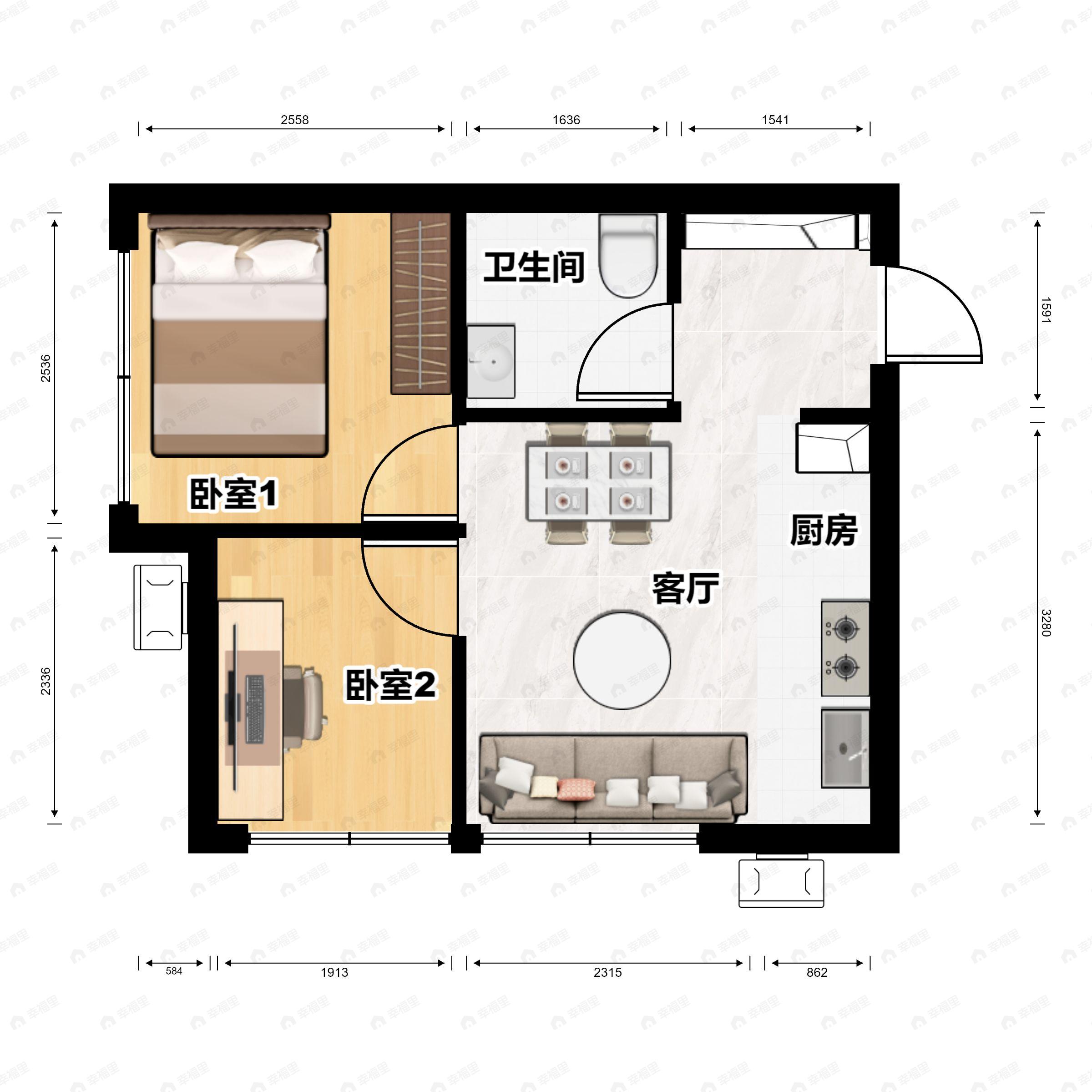 2室1厅1卫建面42平西南户型图