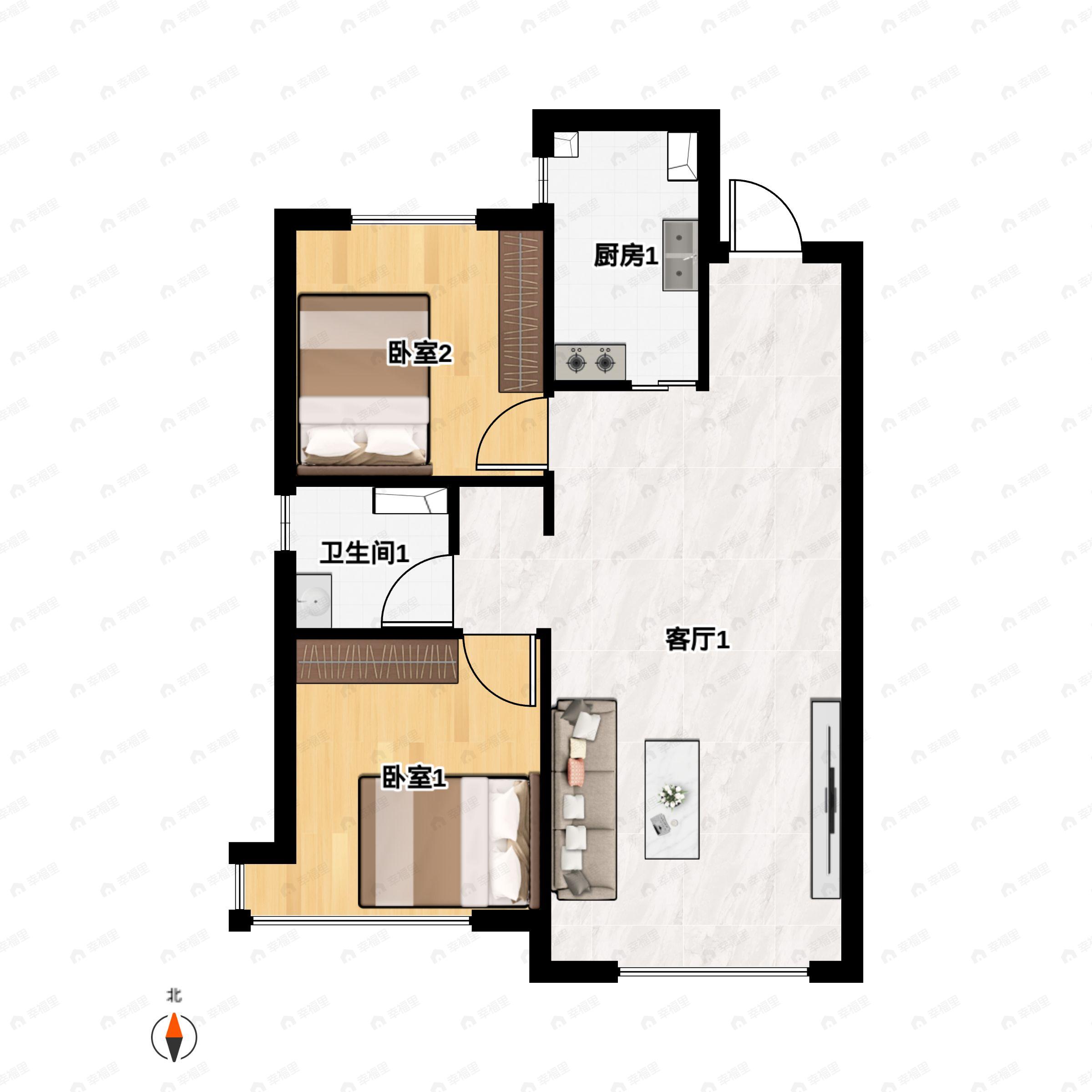 2室2厅1卫建面85m²北|南户型图