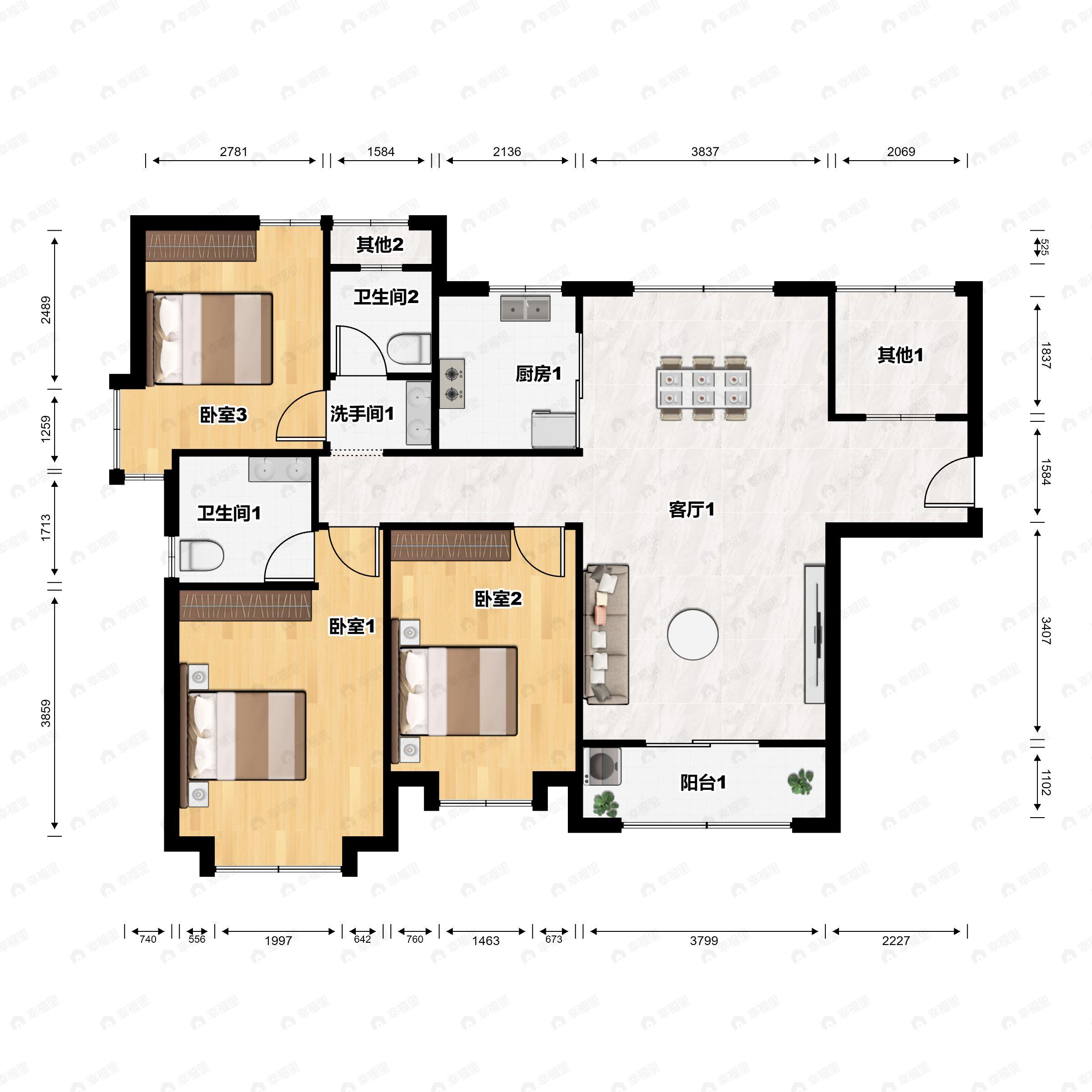 3室2厅2卫建面138平南|北户型图