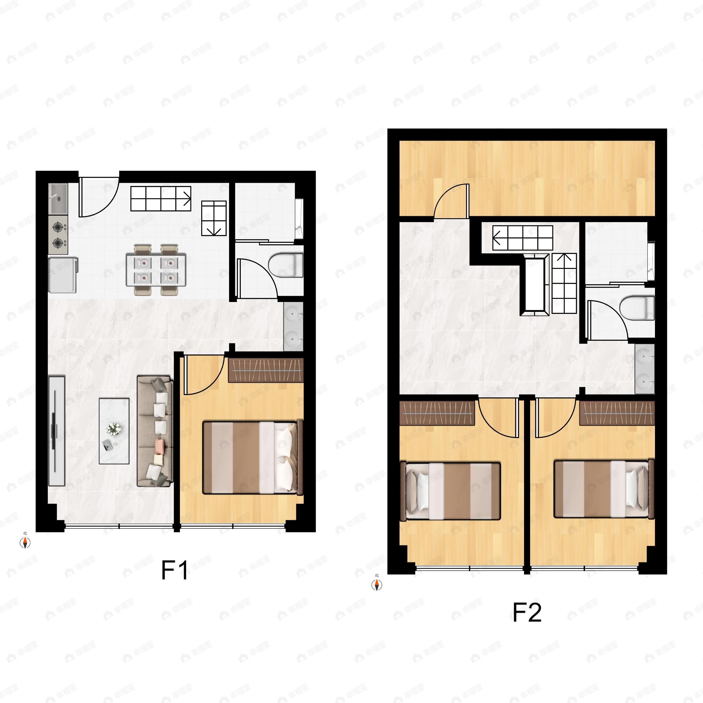 3室2厅2卫建面66平北|西|南|东户型图