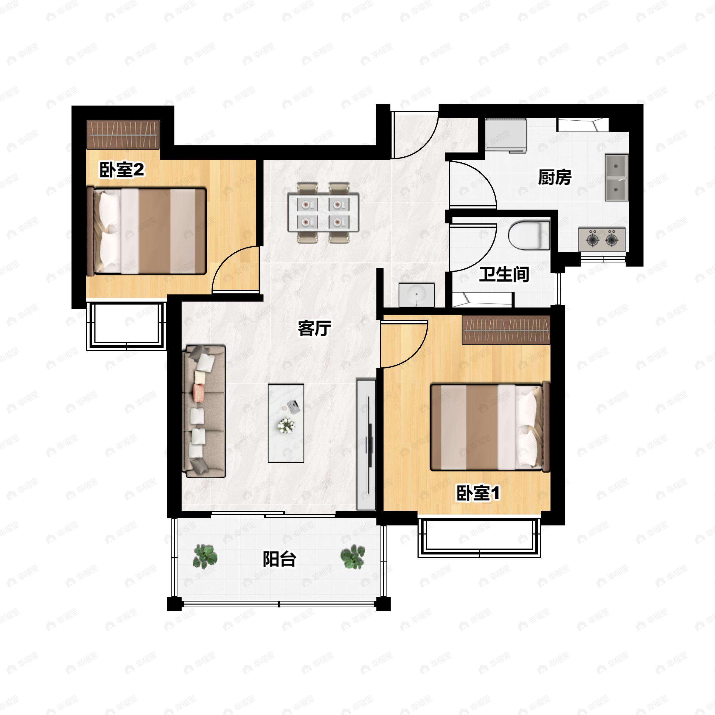 2室2厅1卫建面82m²南户型图
