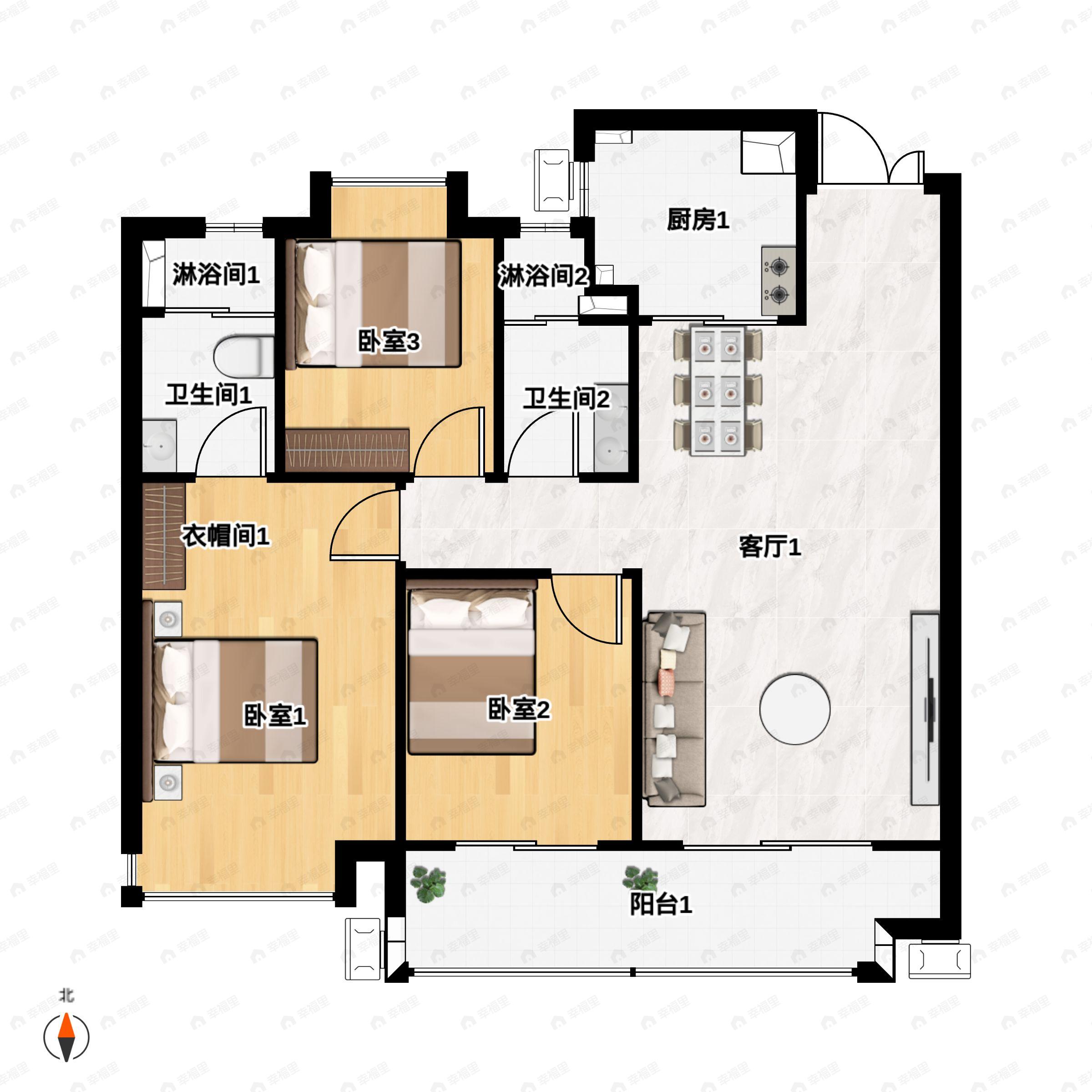 3室2厅2卫建面125平南|北户型图