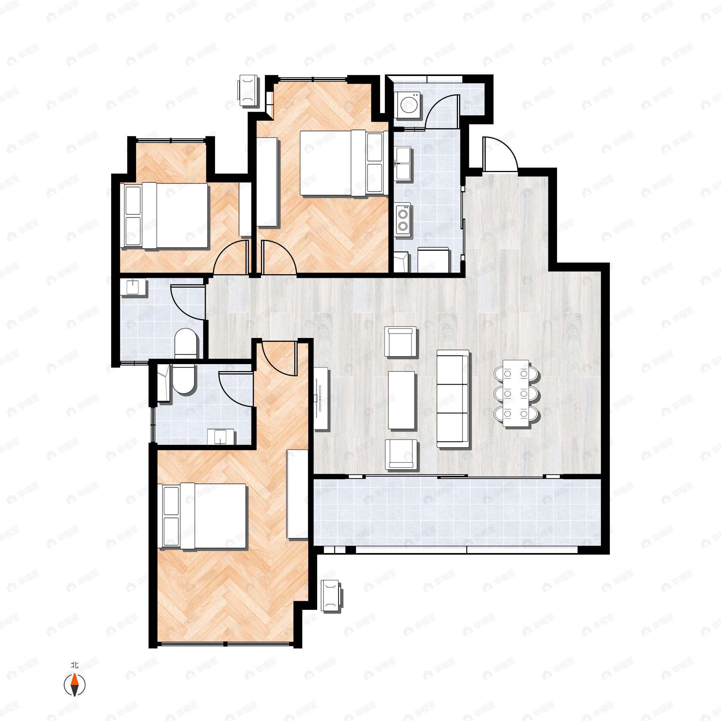3室2厅2卫建面87m²南|北户型图