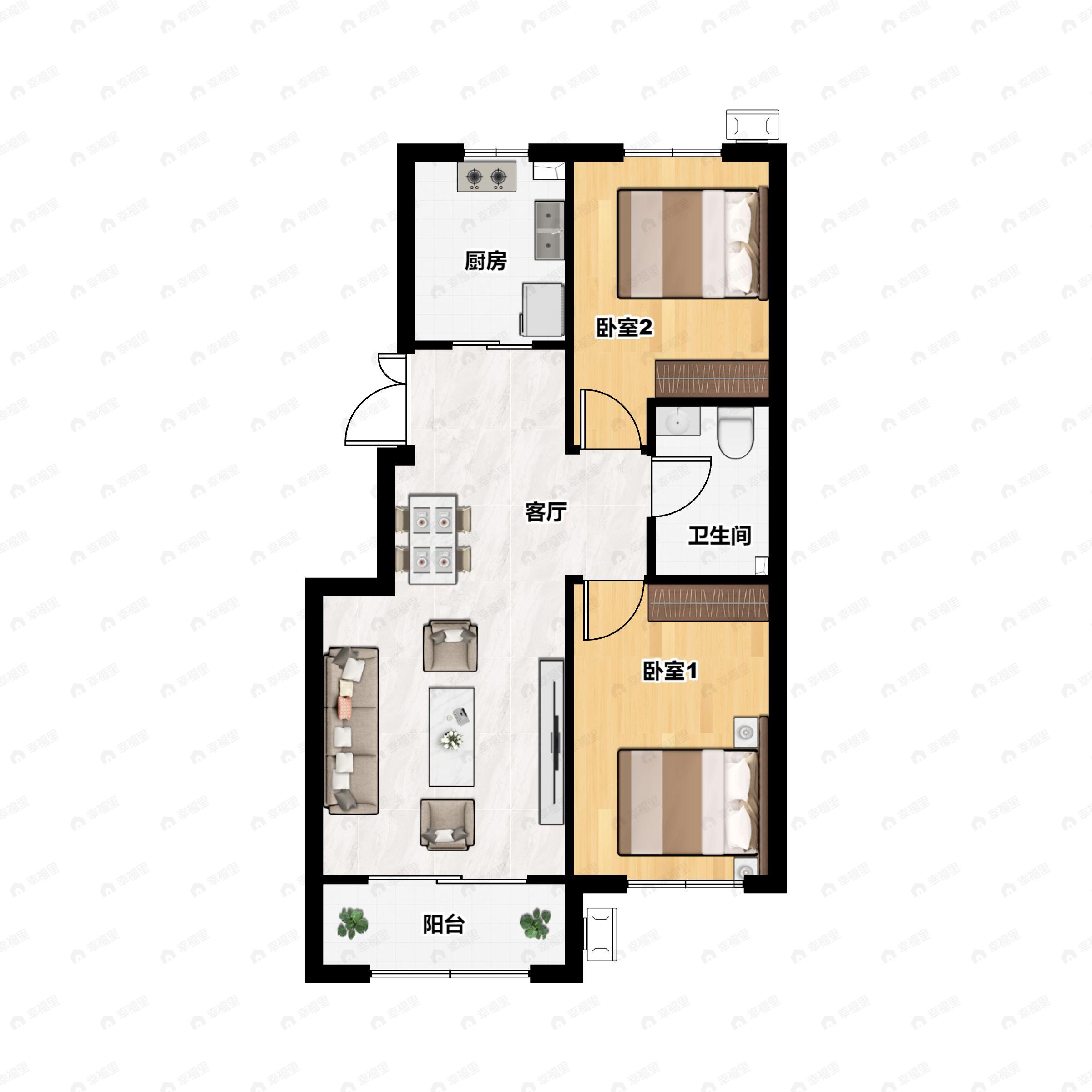 2室2厅1卫建面91m²北|南户型图
