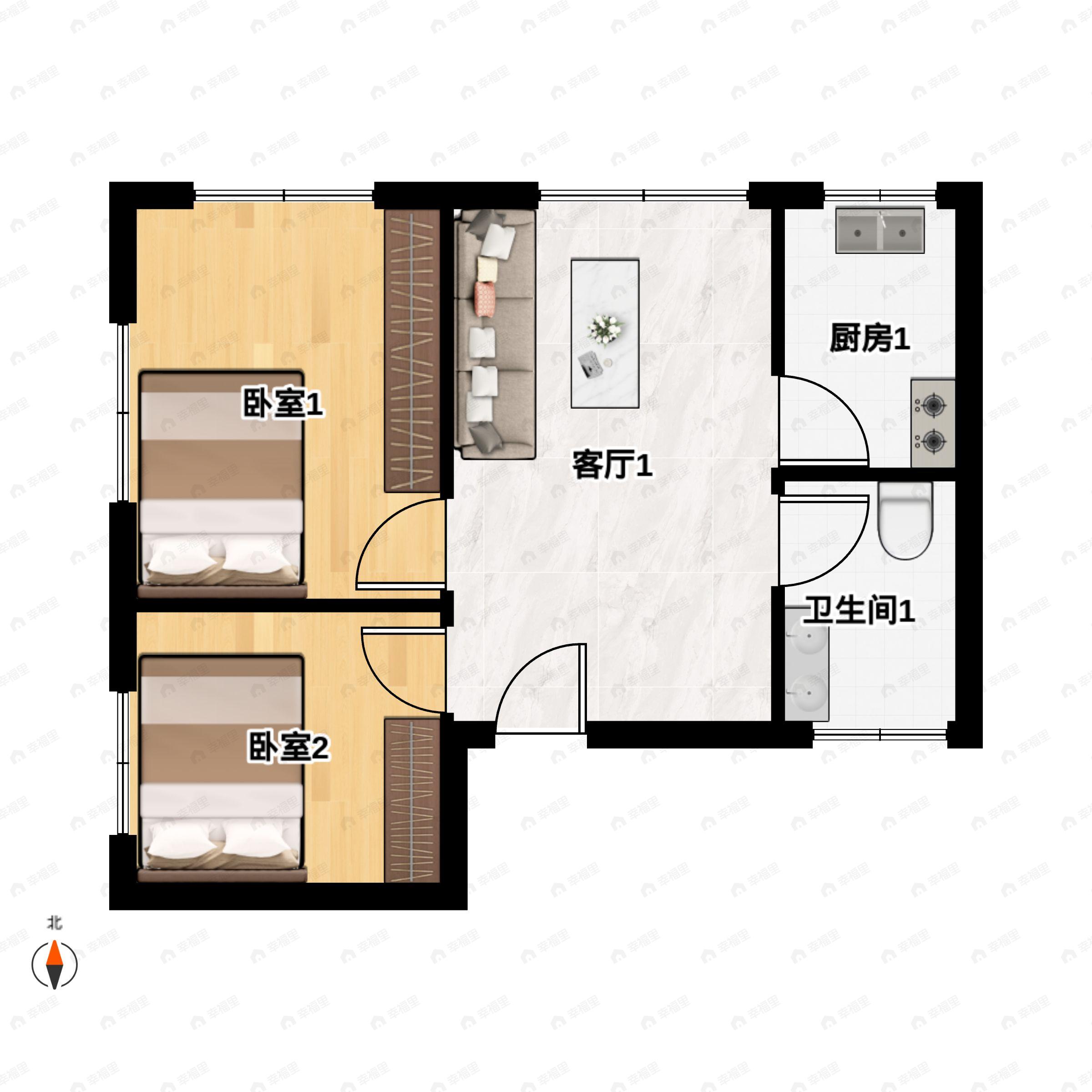 2室1厅1卫建面70平西北户型图