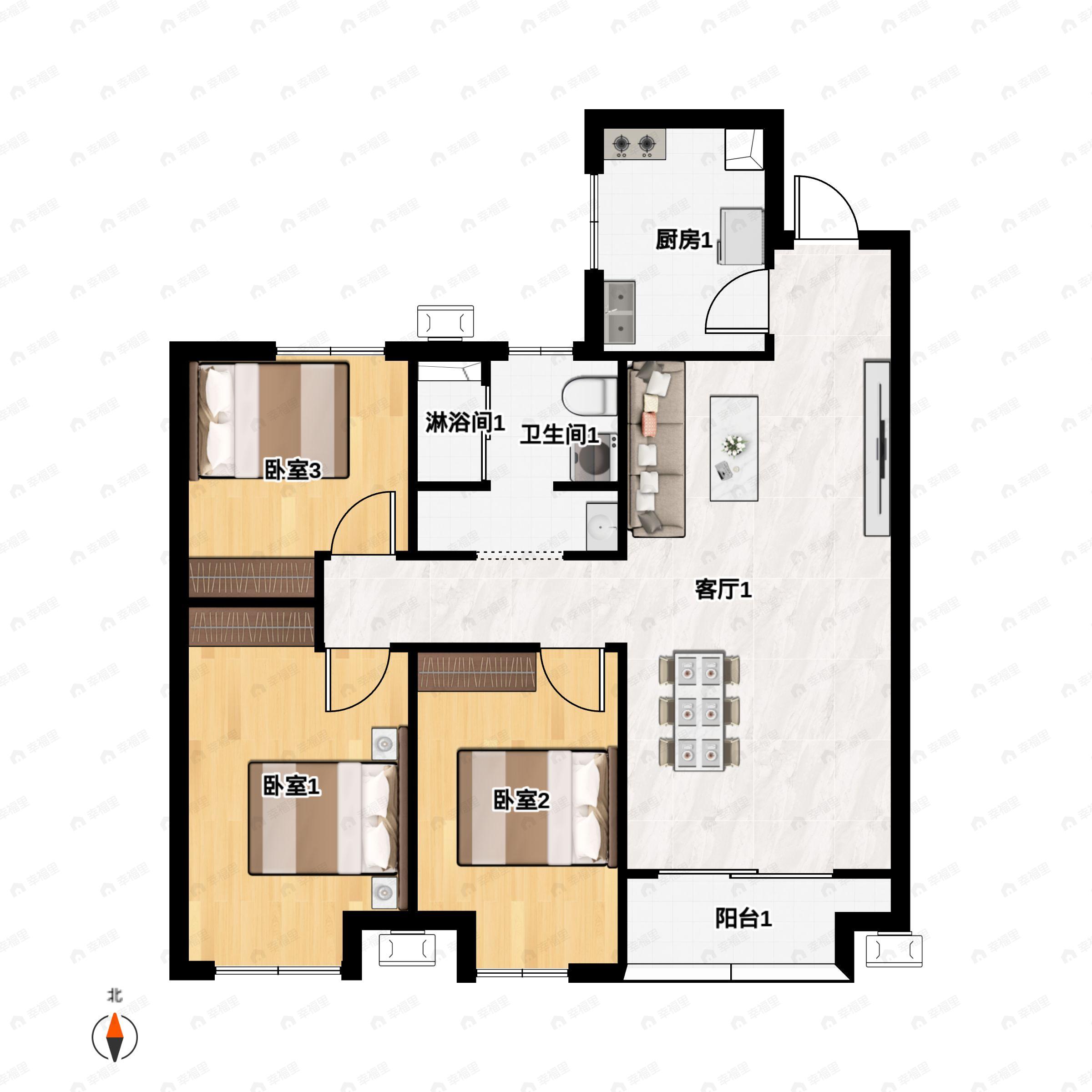 3室2厅1卫建面114平北|南户型图