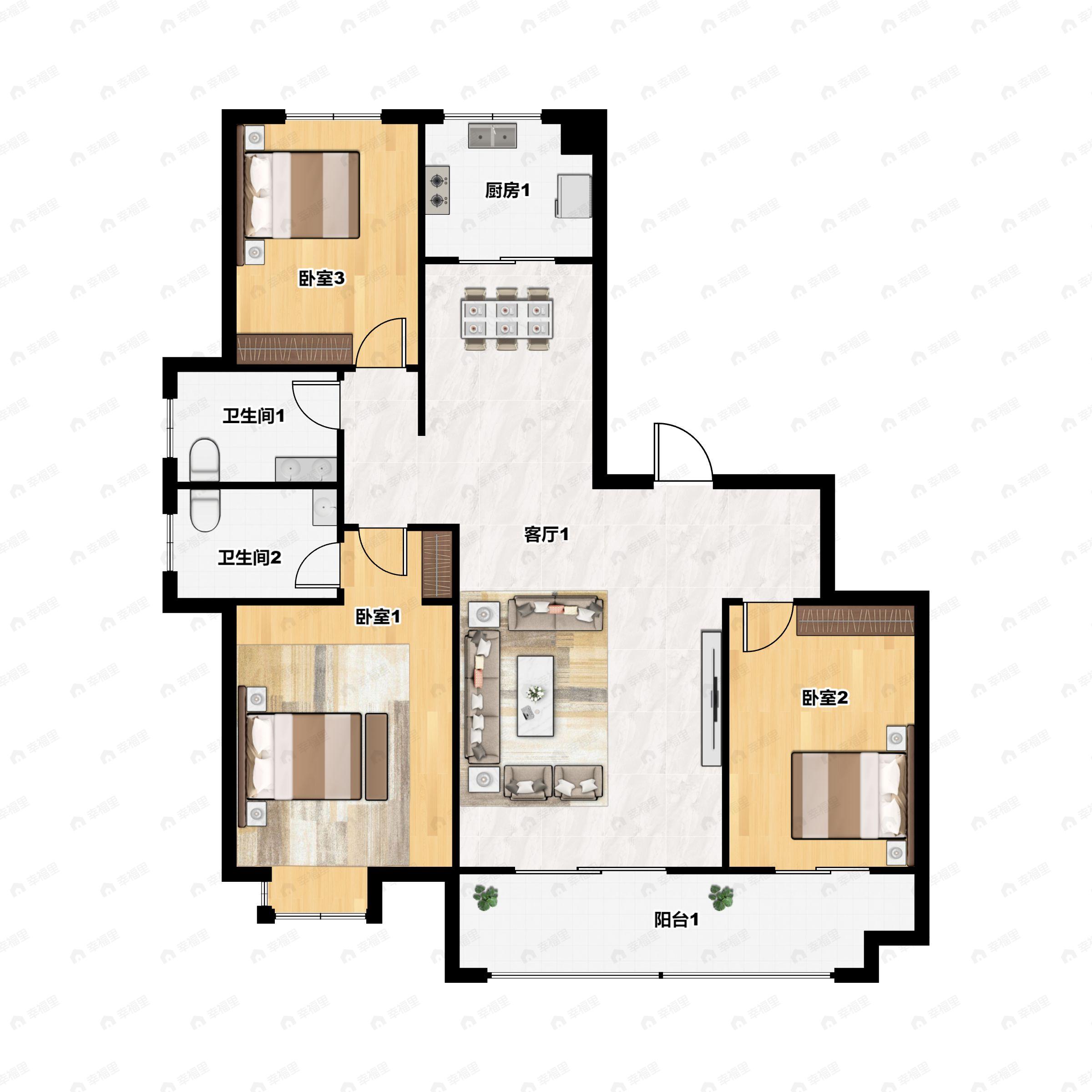3室2厅2卫建面134平南户型图