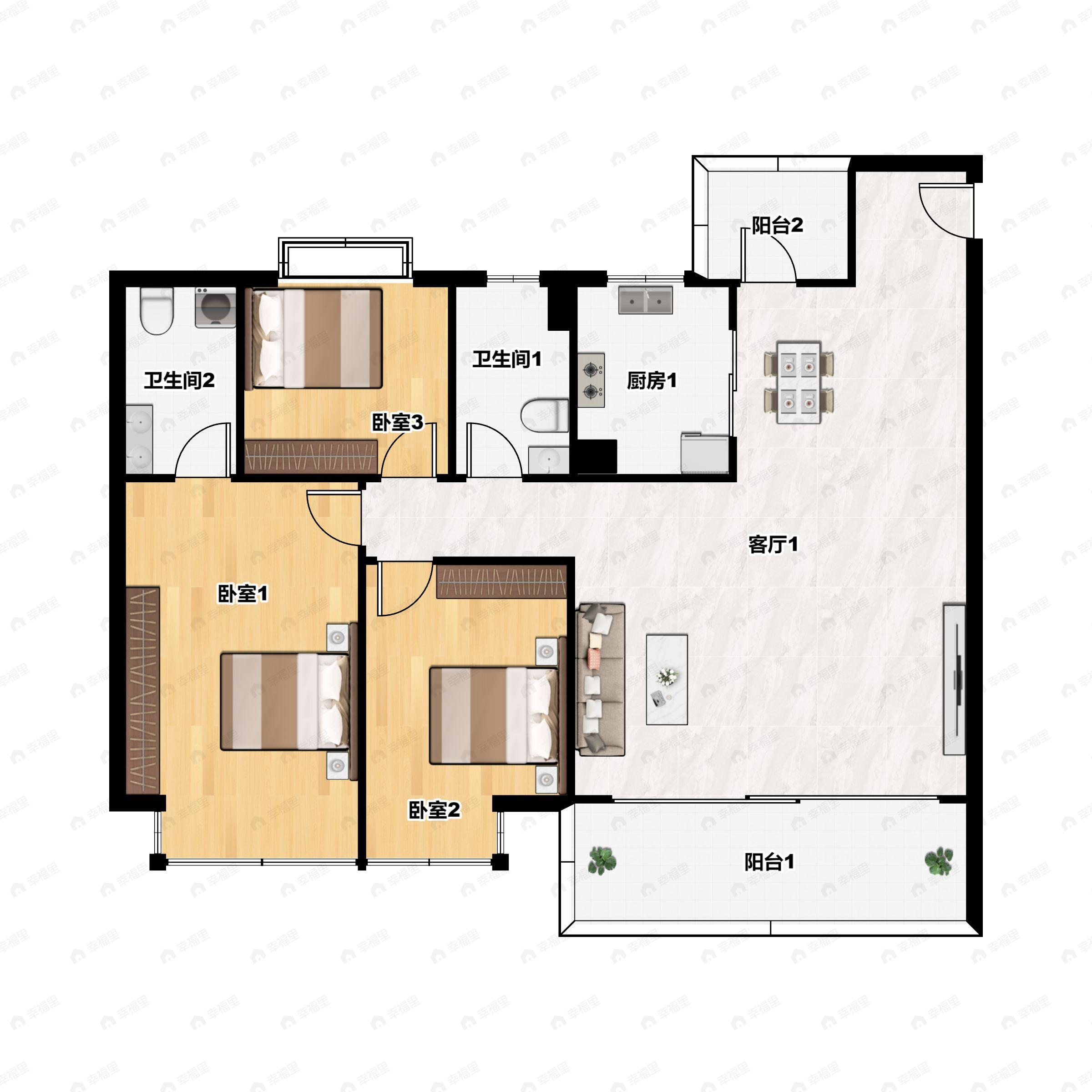 3室2厅2卫建面128m²南户型图