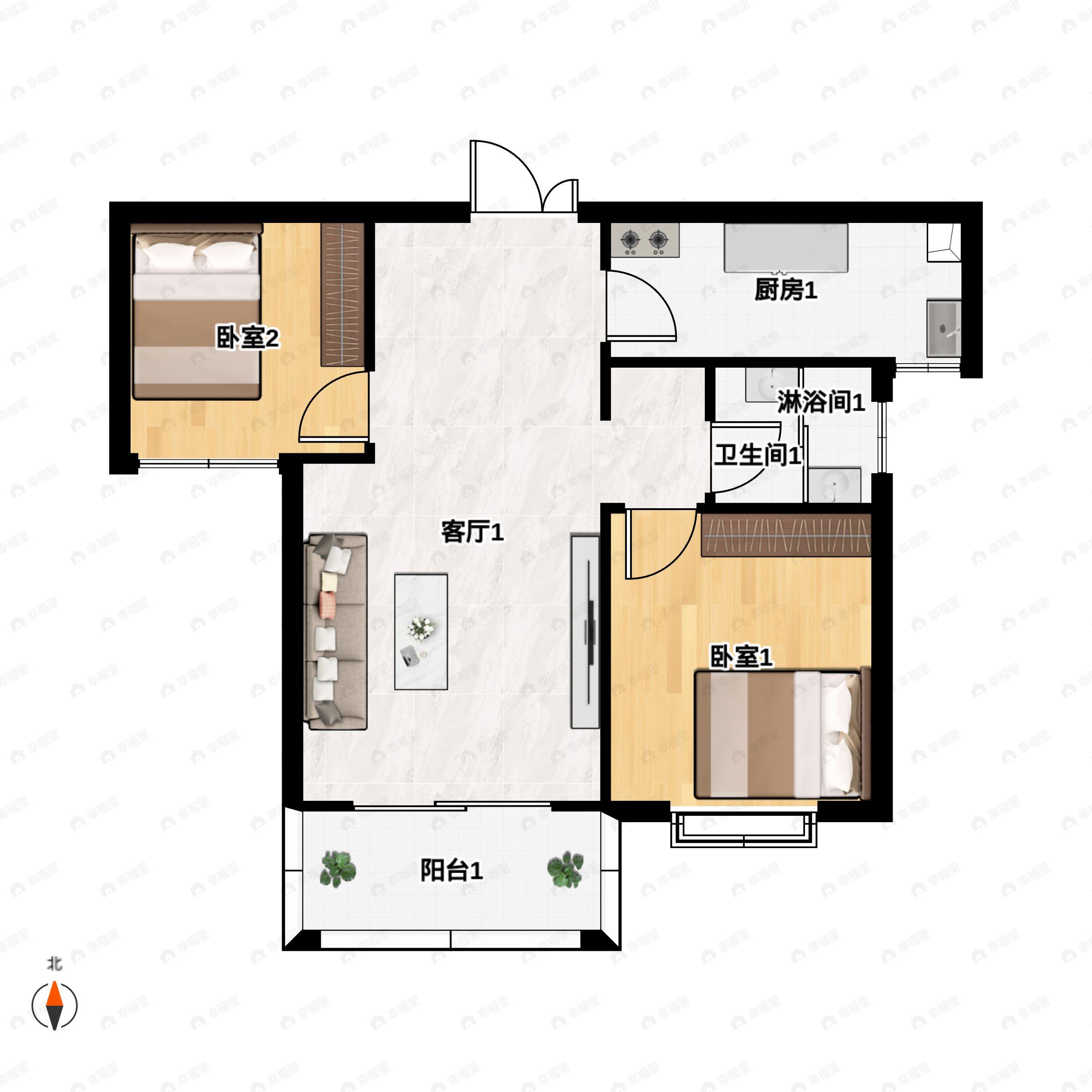 2室2厅1卫建面82m²南户型图