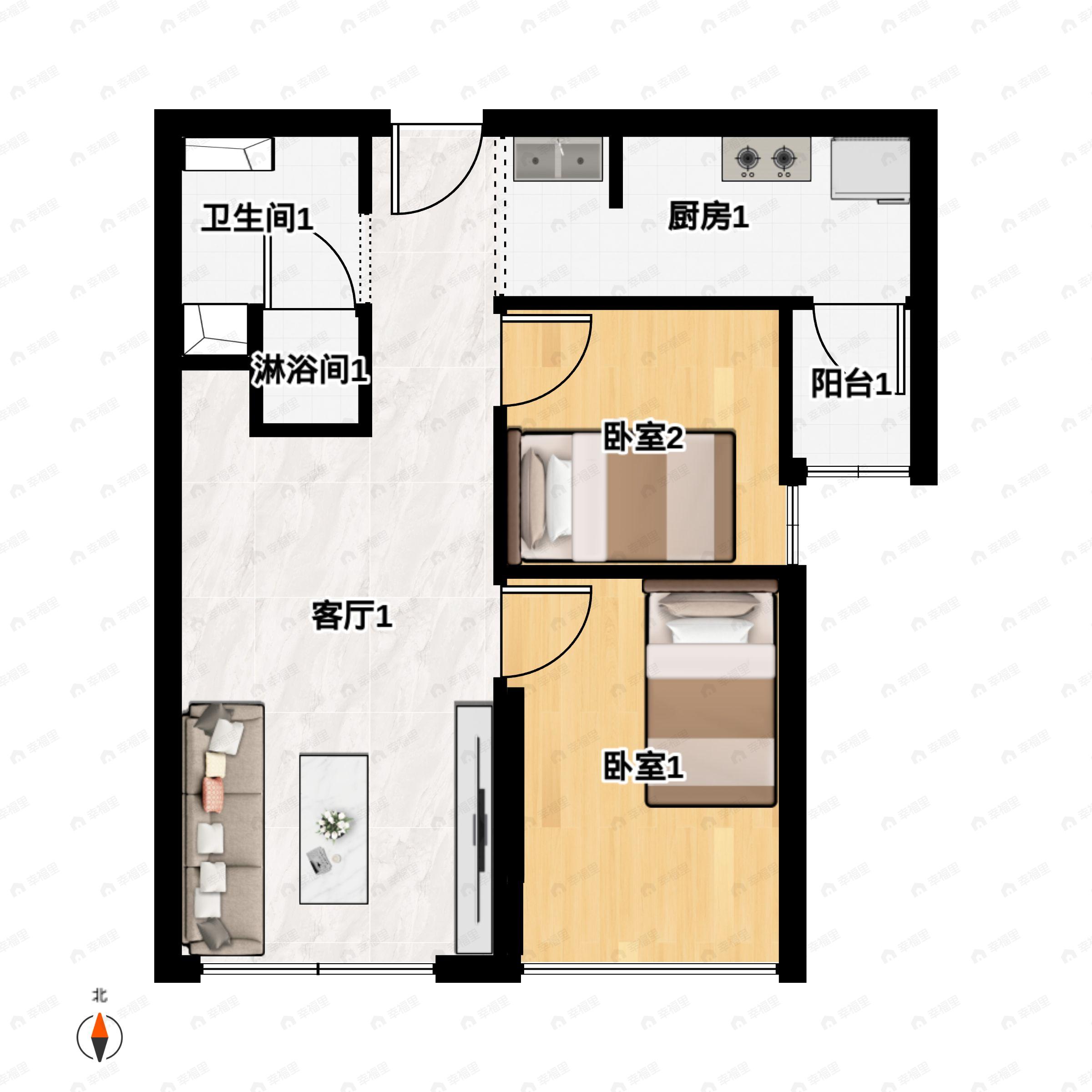 2室1厅1卫建面64平南户型图
