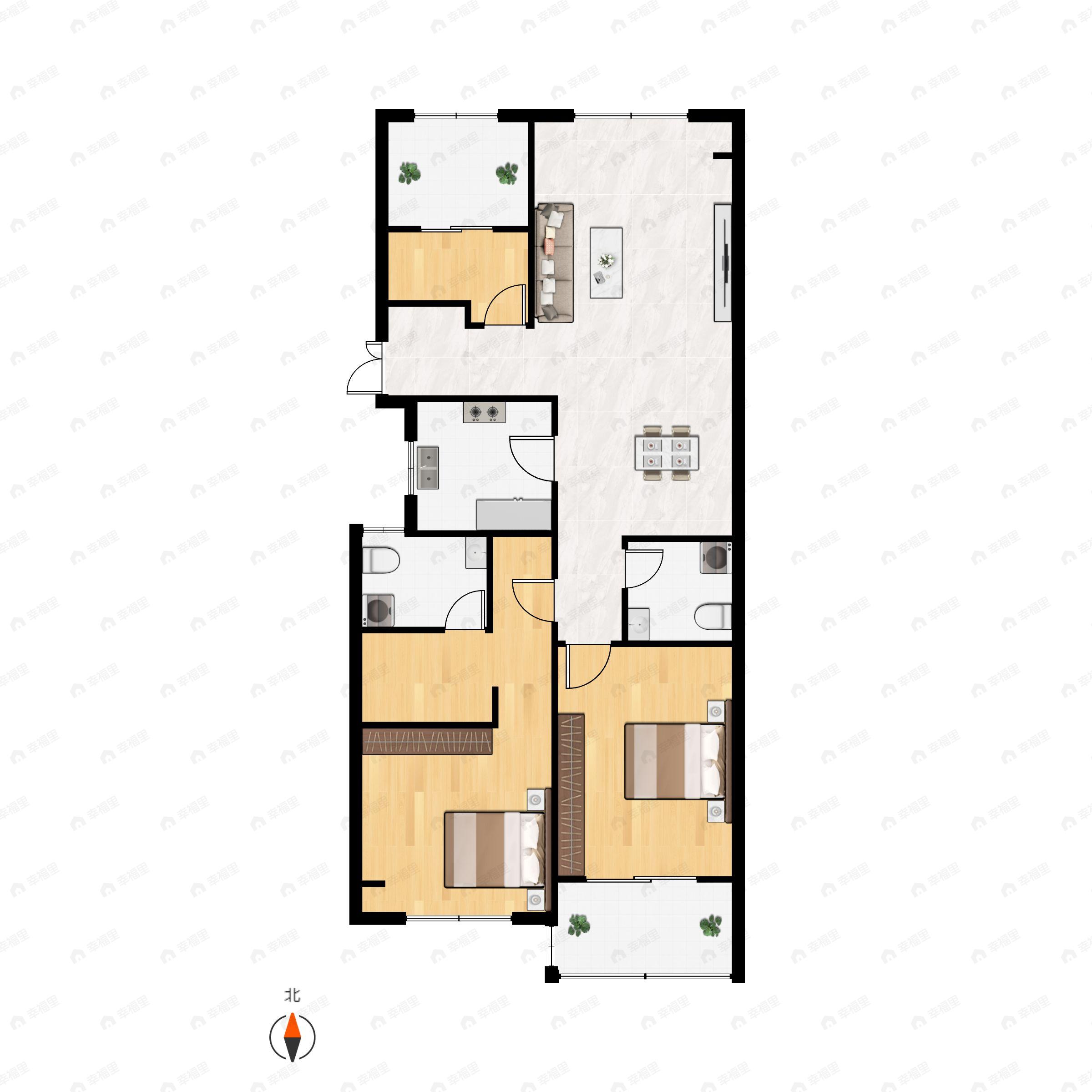 3室2厅2卫建面108m²南户型图
