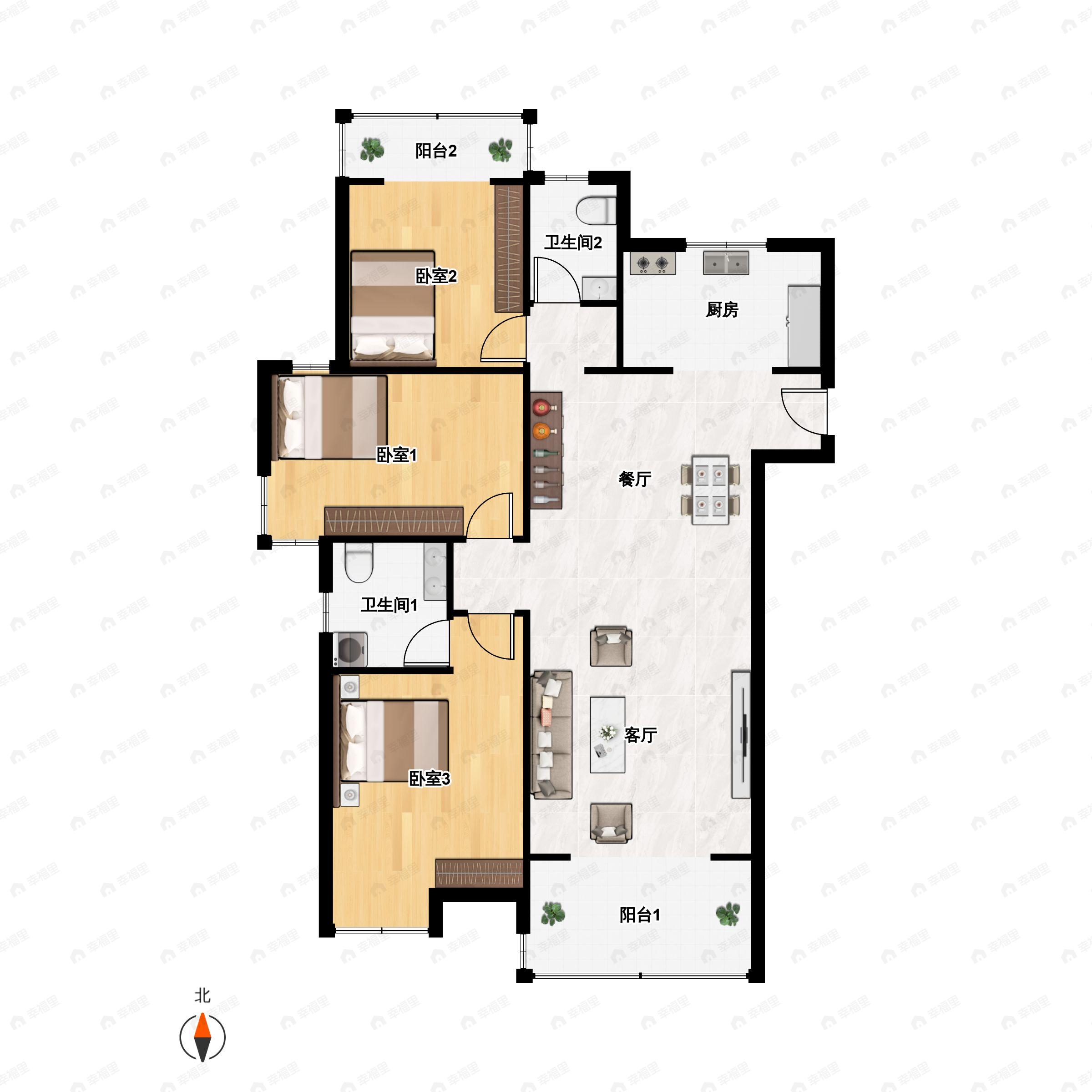 3室2厅2卫建面123平户型图