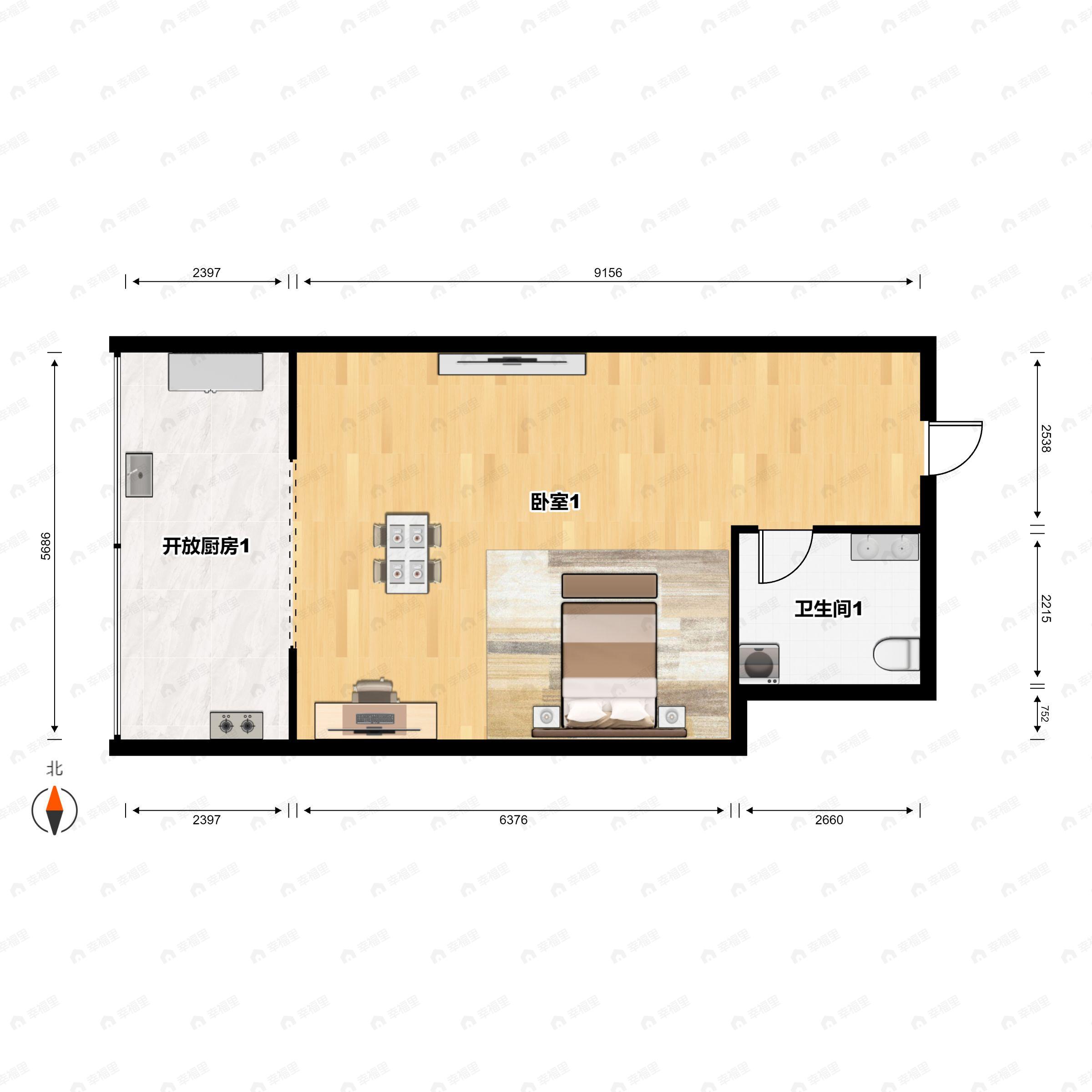 1室1厅1卫建面52平户型图