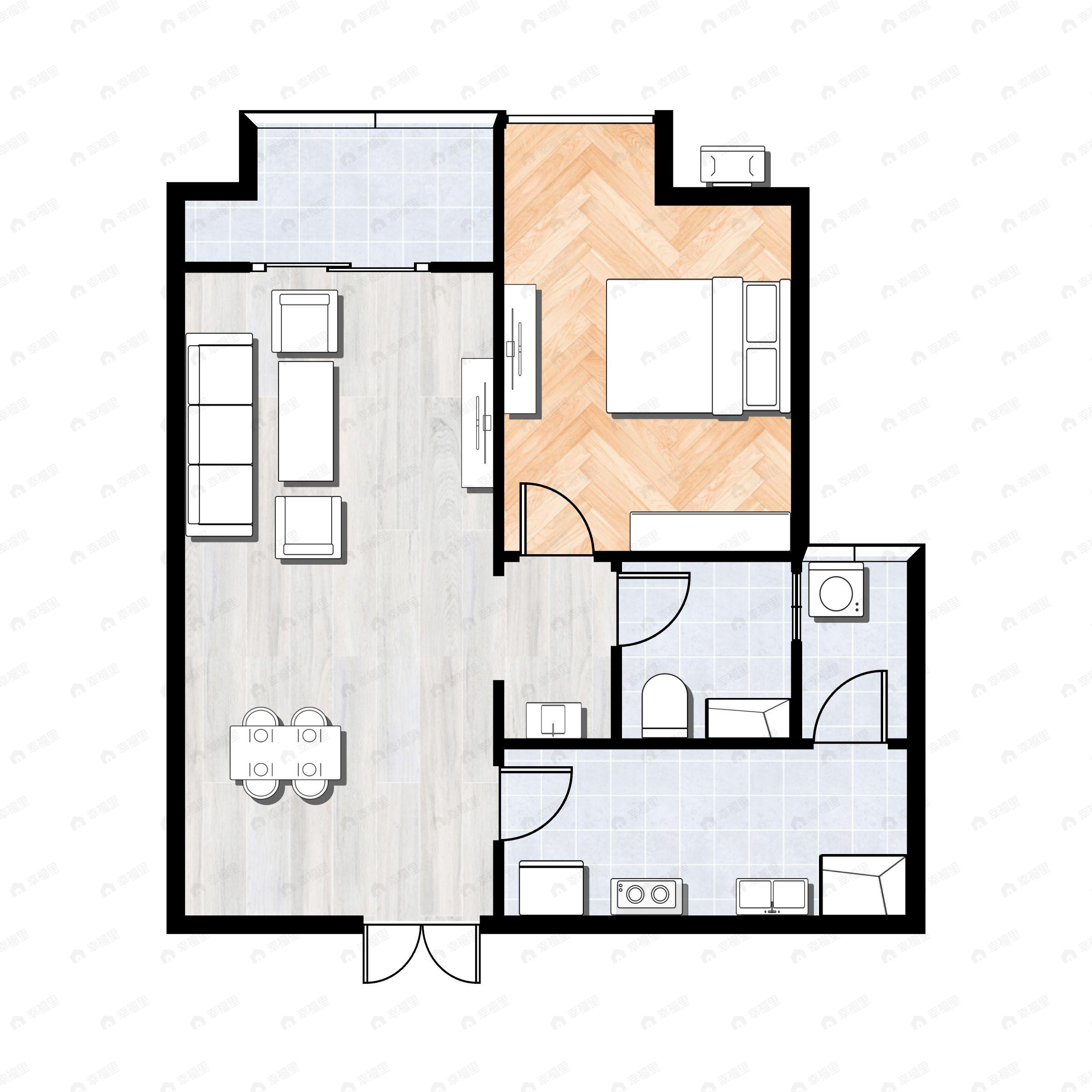 1室2厅1卫建面61m²东|西|南|北户型图
