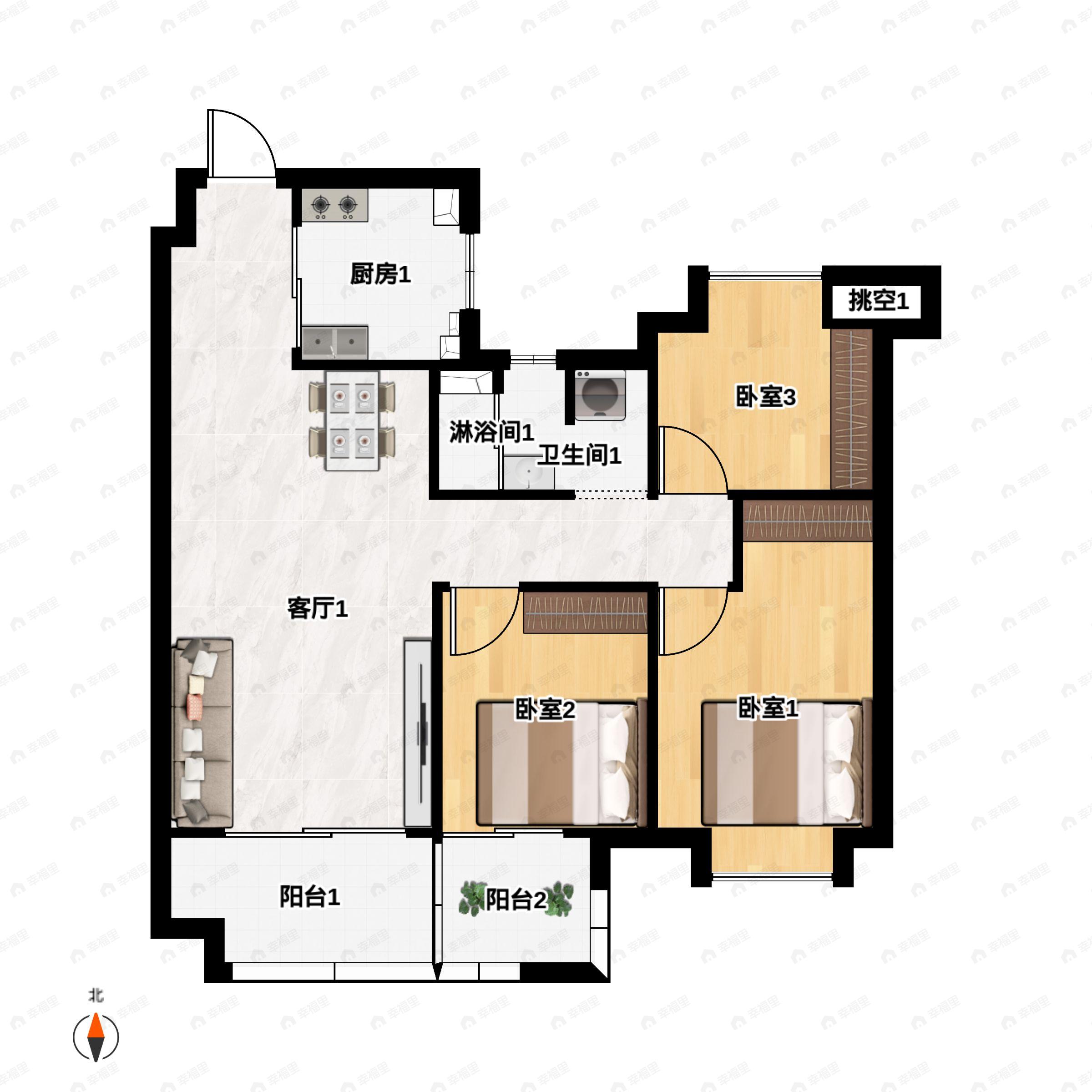 3室2厅1卫建面100m²南户型图