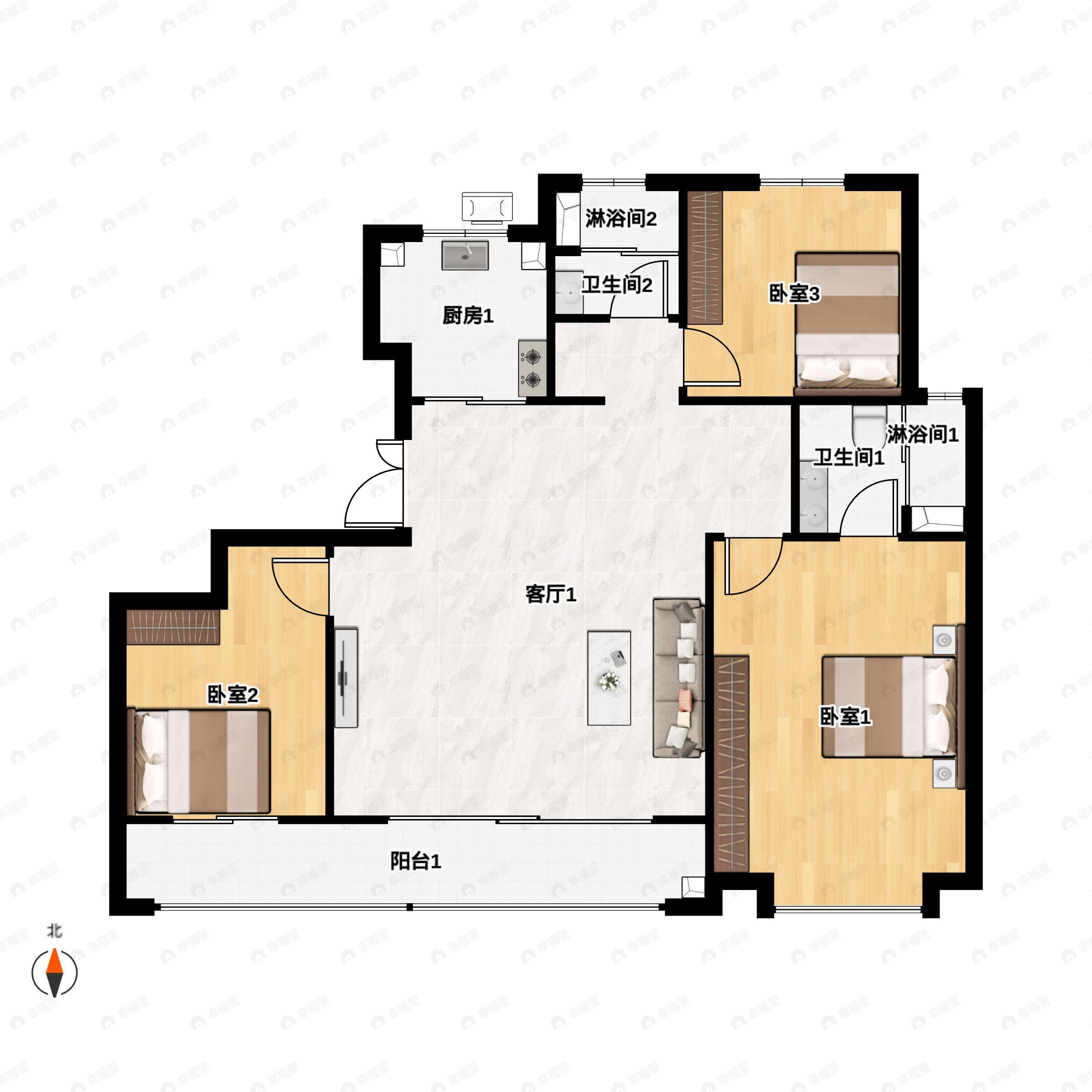 3室2厅2卫建面136m²北|南户型图