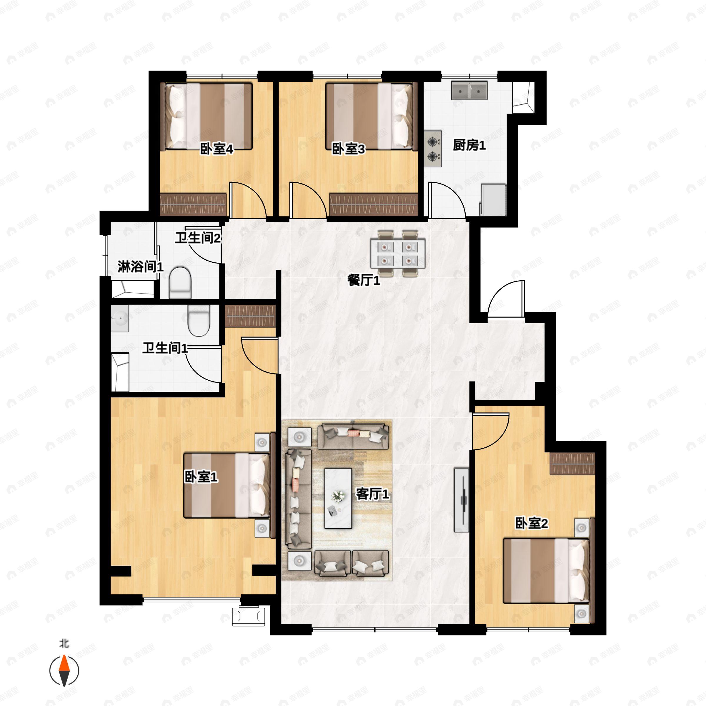 4室2厅2卫建面125平南|北户型图