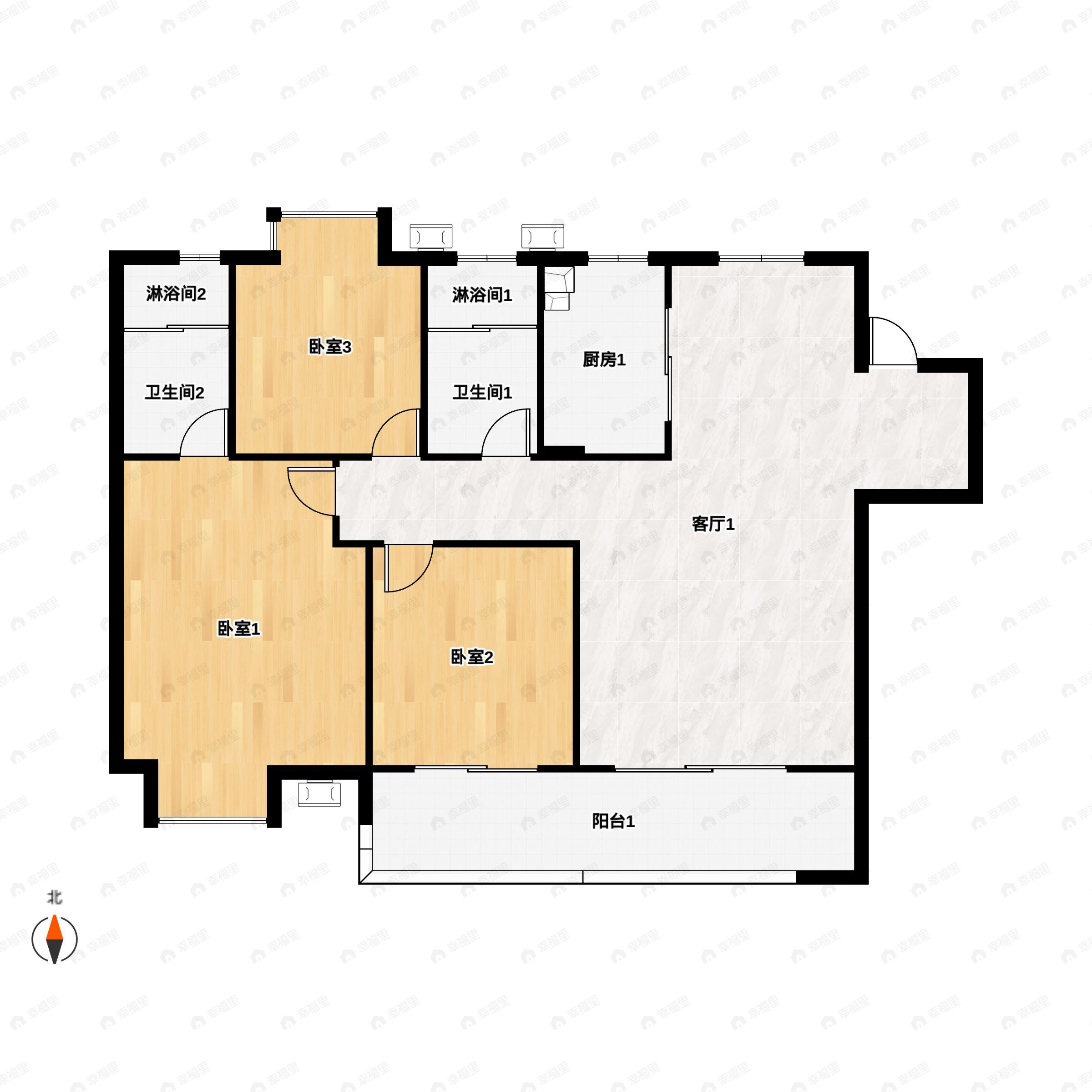 3室2厅2卫建面108平户型图