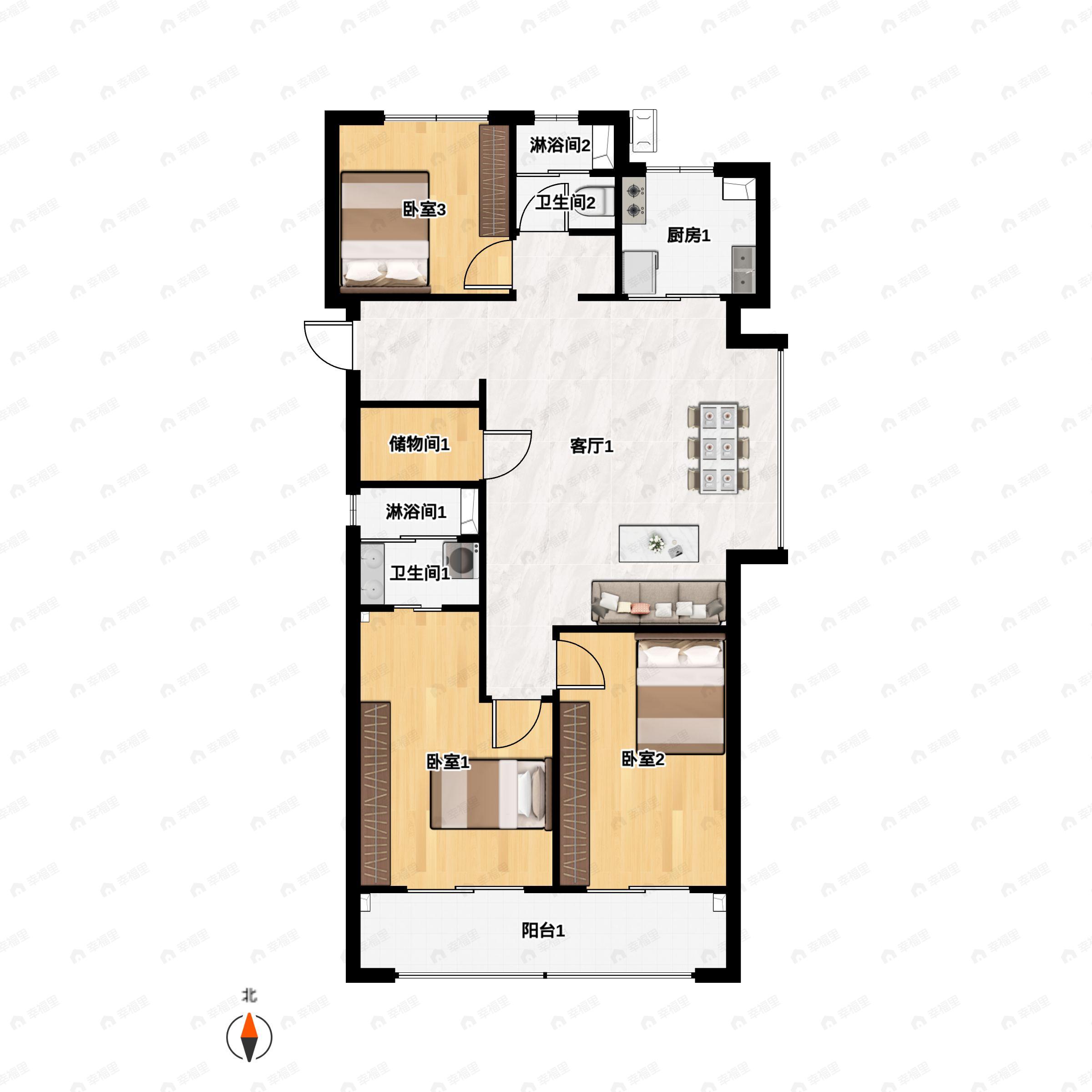 3室2厅2卫建面112m²南户型图