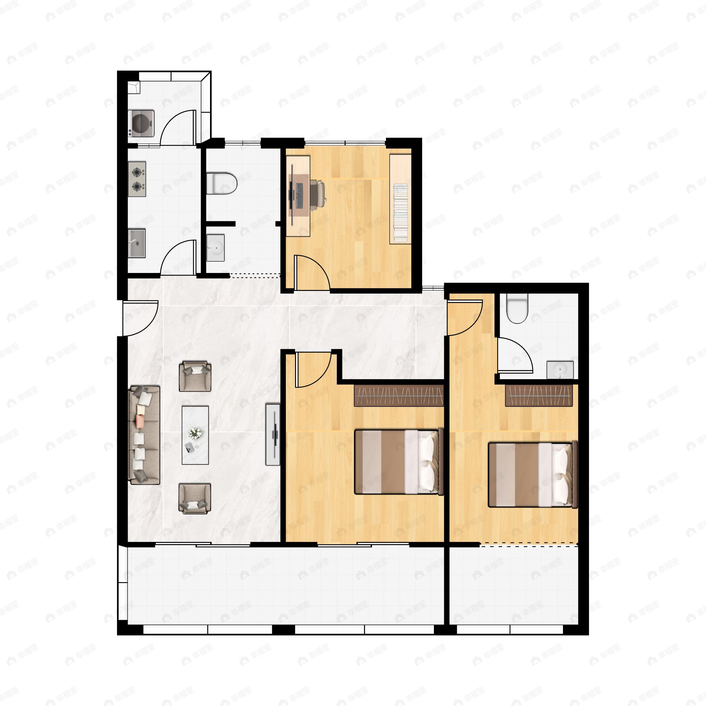 3室1厅2卫建面105平南户型图
