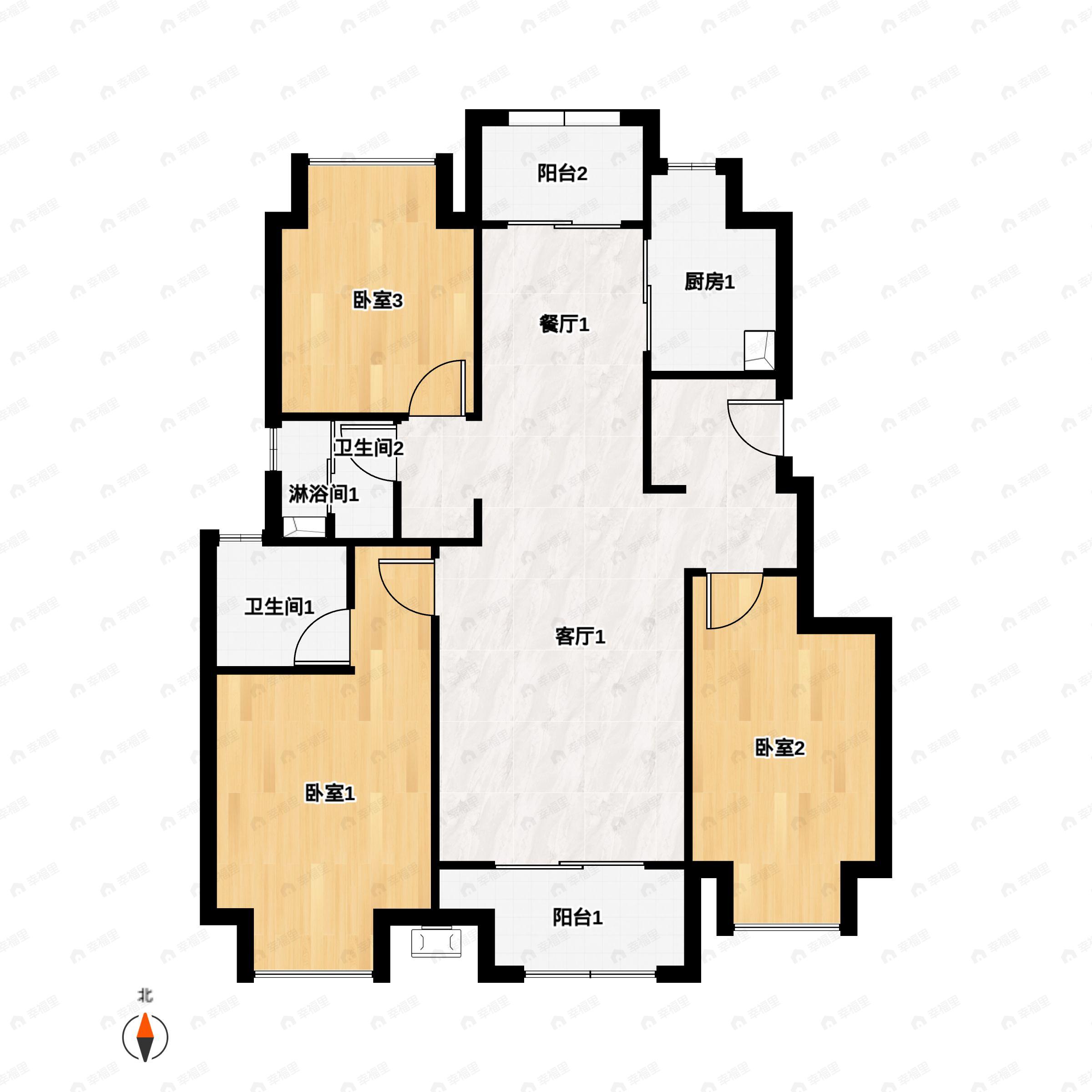3室2厅2卫建面99m²南户型图