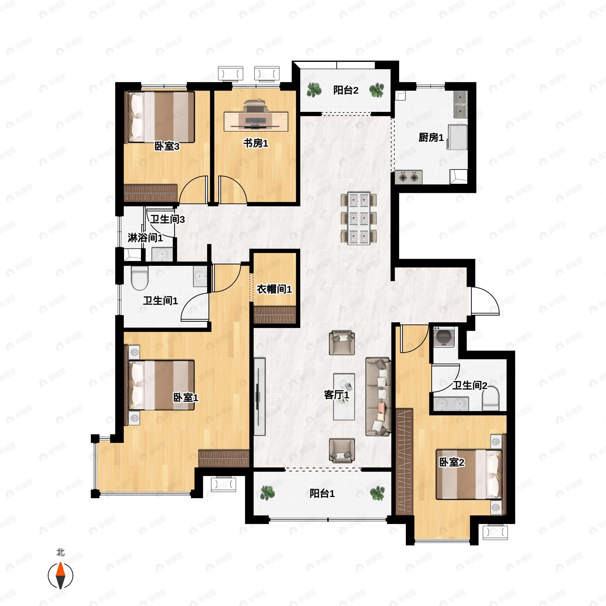 4室2厅3卫建面172平西|南|北户型图