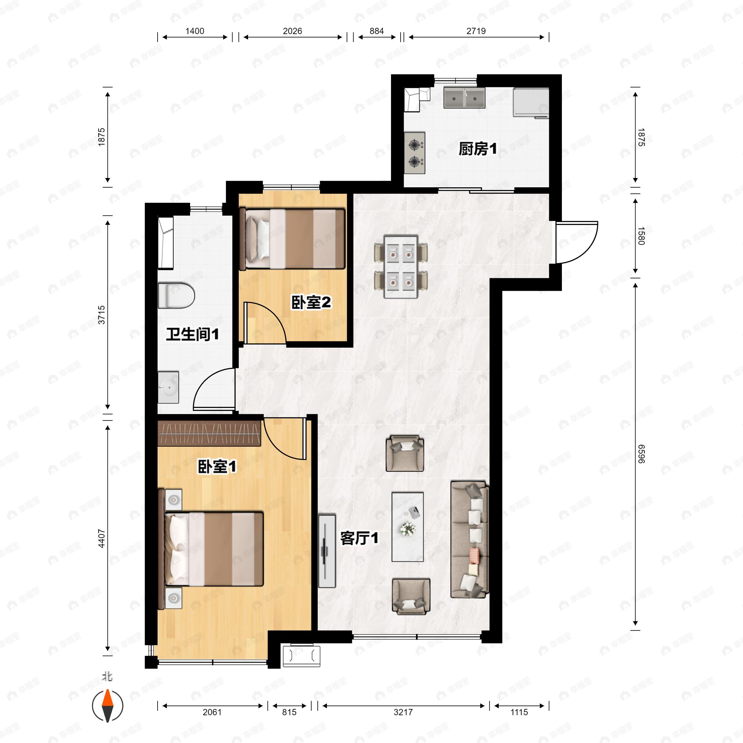 2室2厅1卫建面78平南户型图
