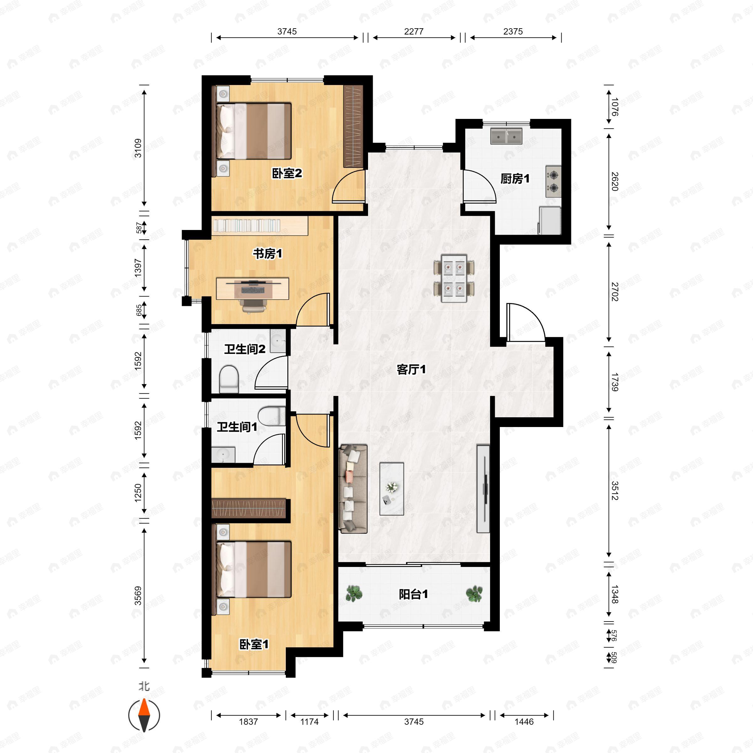 3室2厅2卫建面136平南|北户型图